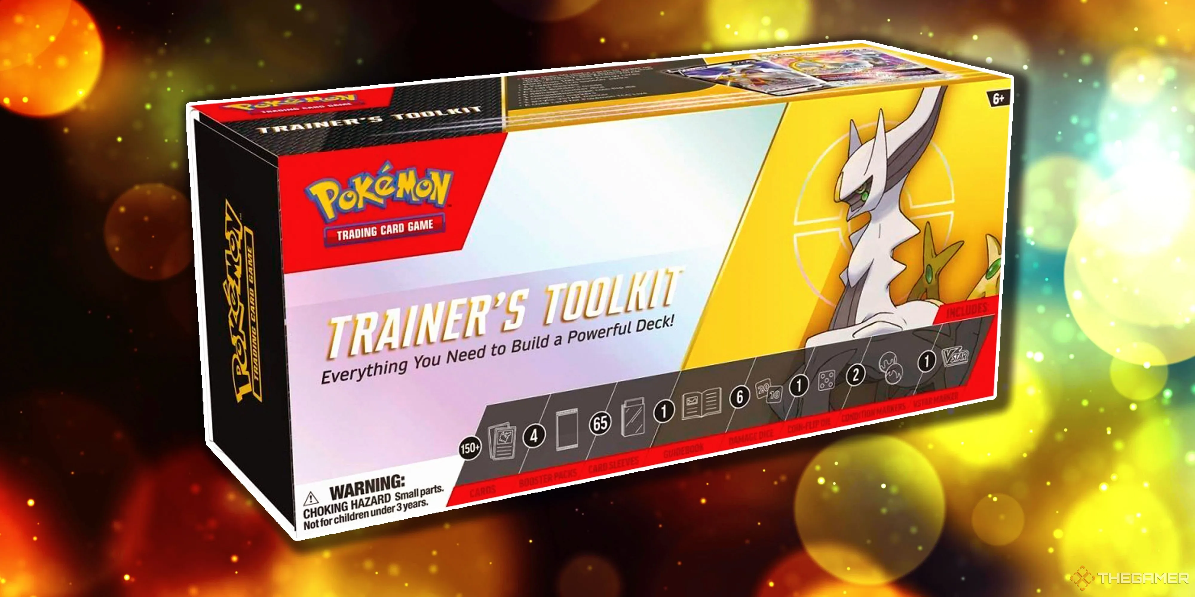 Hộp Pokémon TCG Trainer's Toolkit 2023 màu vàng cam nổi bật hình ảnh Arceus trên bìa.