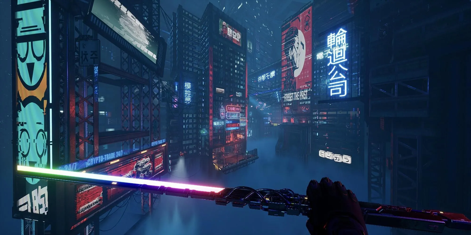Jack, Ghostrunner, cầm kiếm nhìn ra thành phố cyberpunk trong Ghostrunner