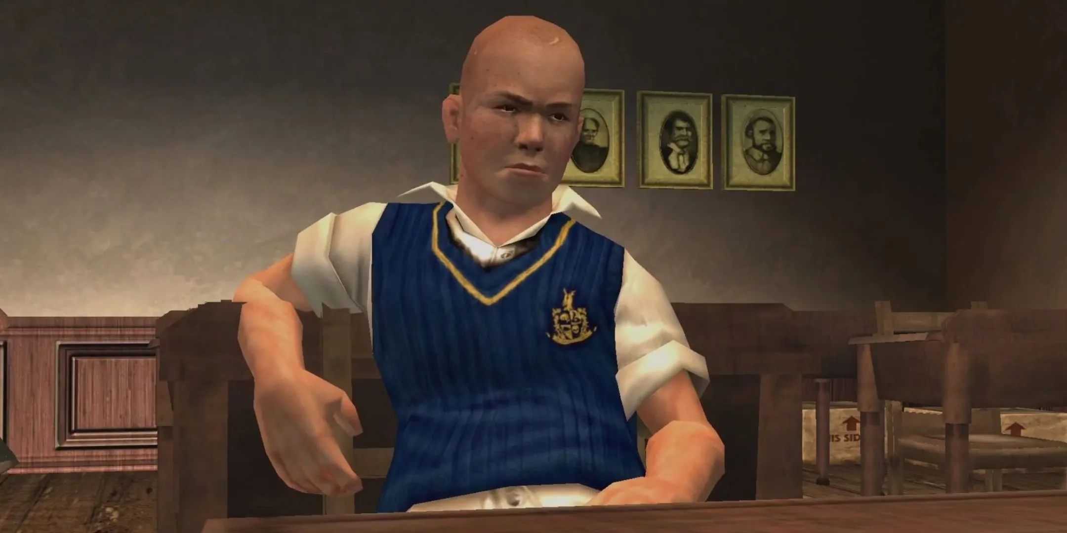 Jimmy Hopkins ngồi tựa lưng vào ghế trong giờ học tại Học viện Bullworth trong Bully
