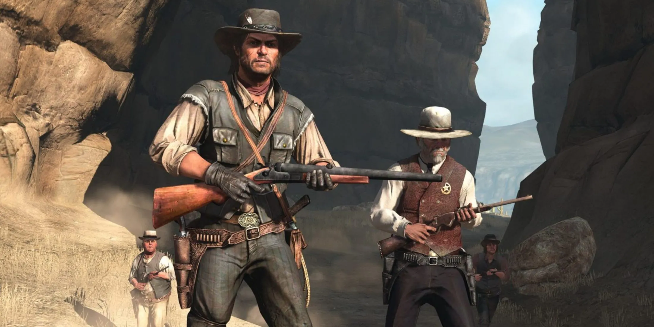 John Marston, nhân vật chính của Red Dead Redemption, trong một khung cảnh miền Tây.