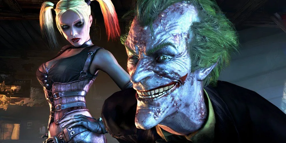 Joker bị bệnh mỉm cười với màn hình cùng Harley Quinn trong Batman Arkham City