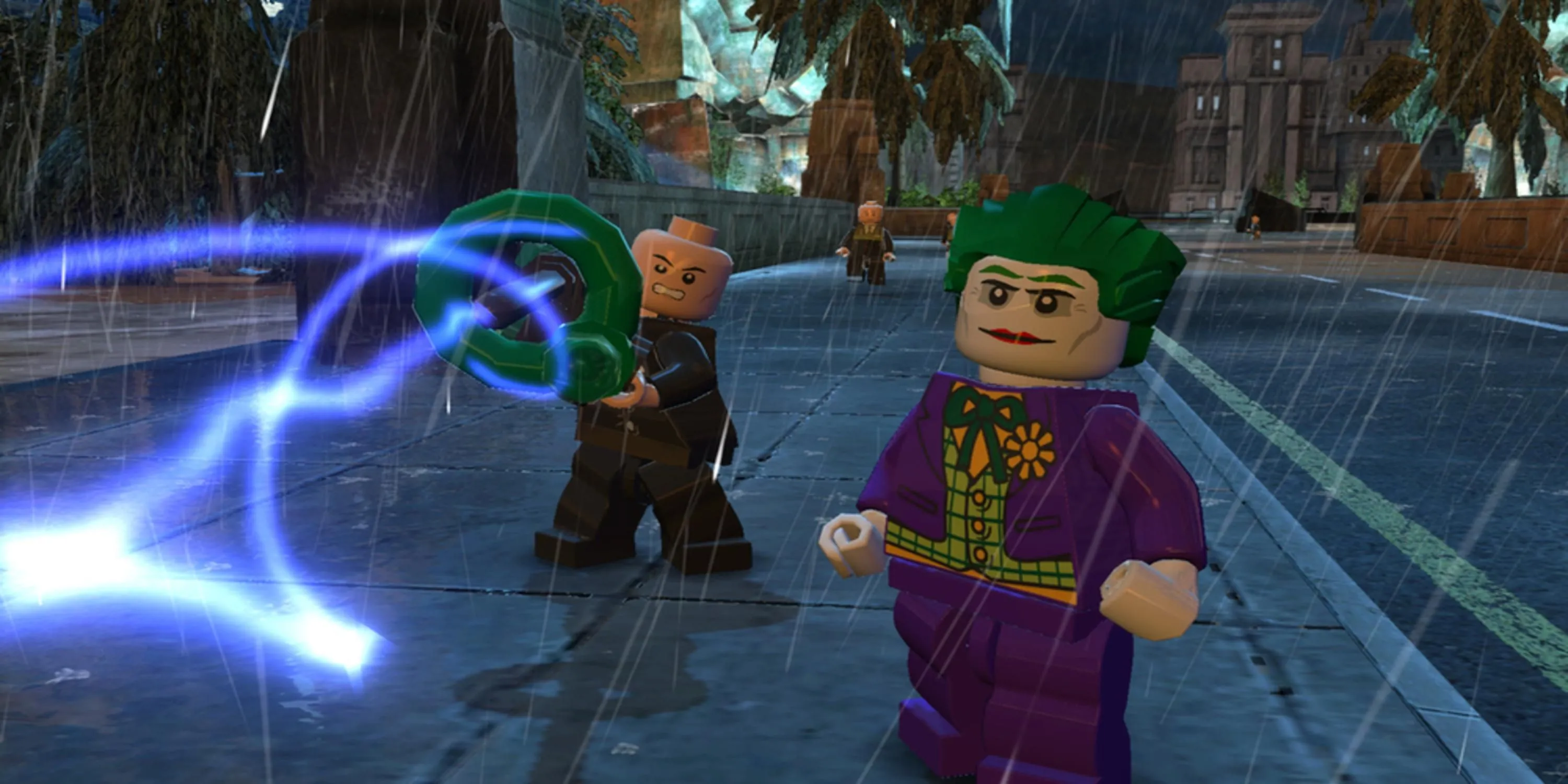 Joker và tay sai bắn súng laser trên đường phố trong Lego Batman 2 DC Super Heroes