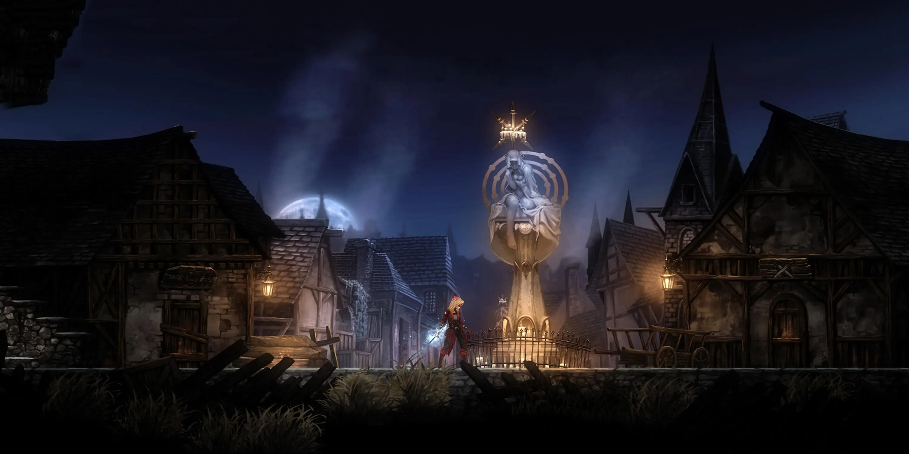 Leila đứng bên đài phun nước trong thị trấn gothic của Vigil: The Longest Night, thể hiện không khí u ám Lovecraftian