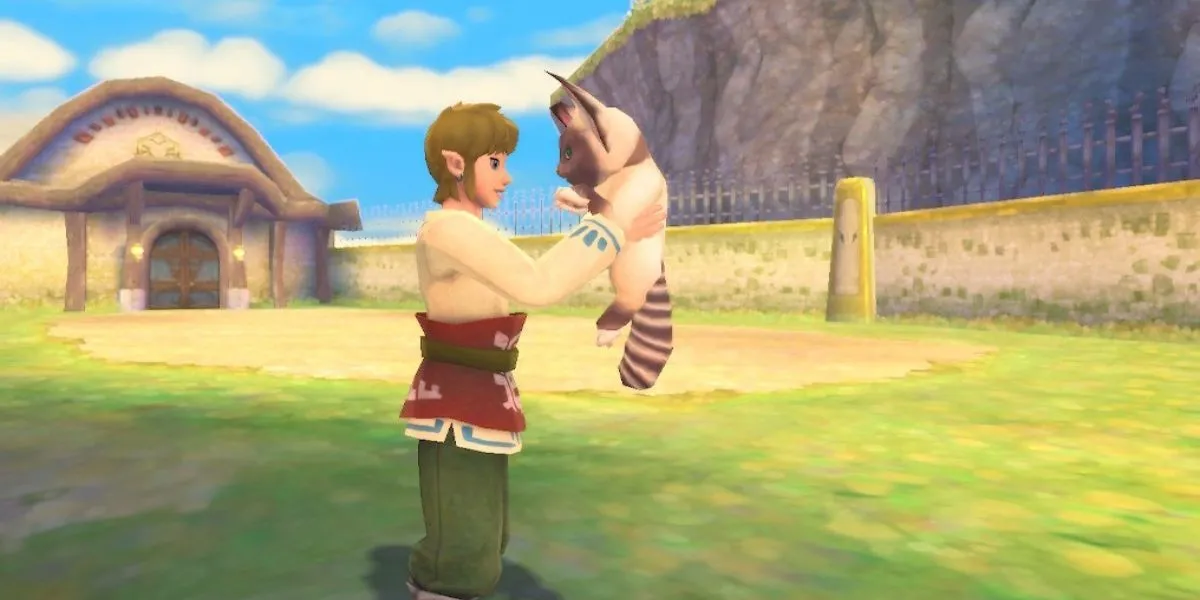 Link đang ôm một chú Remlit đáng yêu trên tay trong The Legend of Zelda: Skyward Sword.
