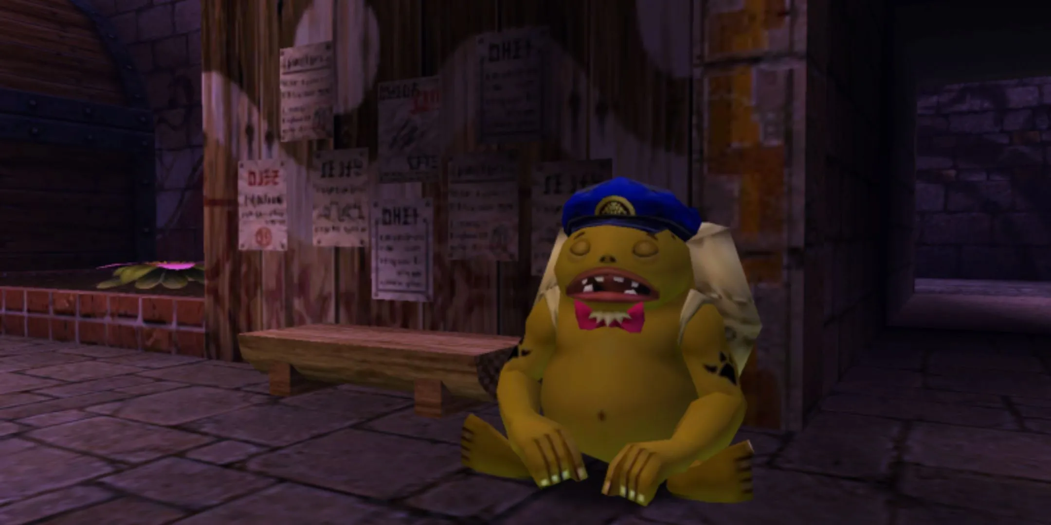Link Goron đang ngủ gục bên ngoài quán trọ Stock Pot Inn do bị Link cướp mất phòng trong The Legend of Zelda: Majora's Mask.