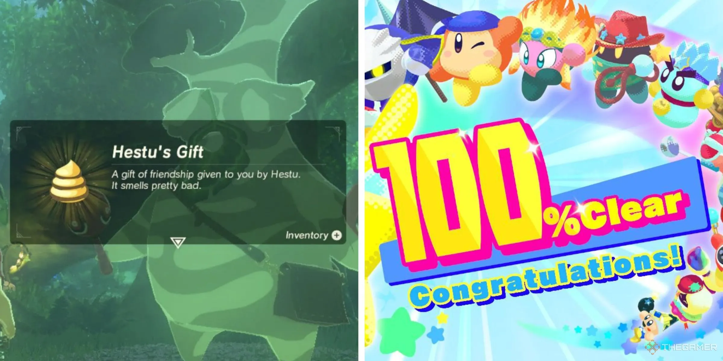 Link nhận Quà Hestu trong Zelda: Breath of the Wild và màn hình hoàn thành 100% trong Kirby Star Allies, biểu tượng cho thử thách hoàn thành game.