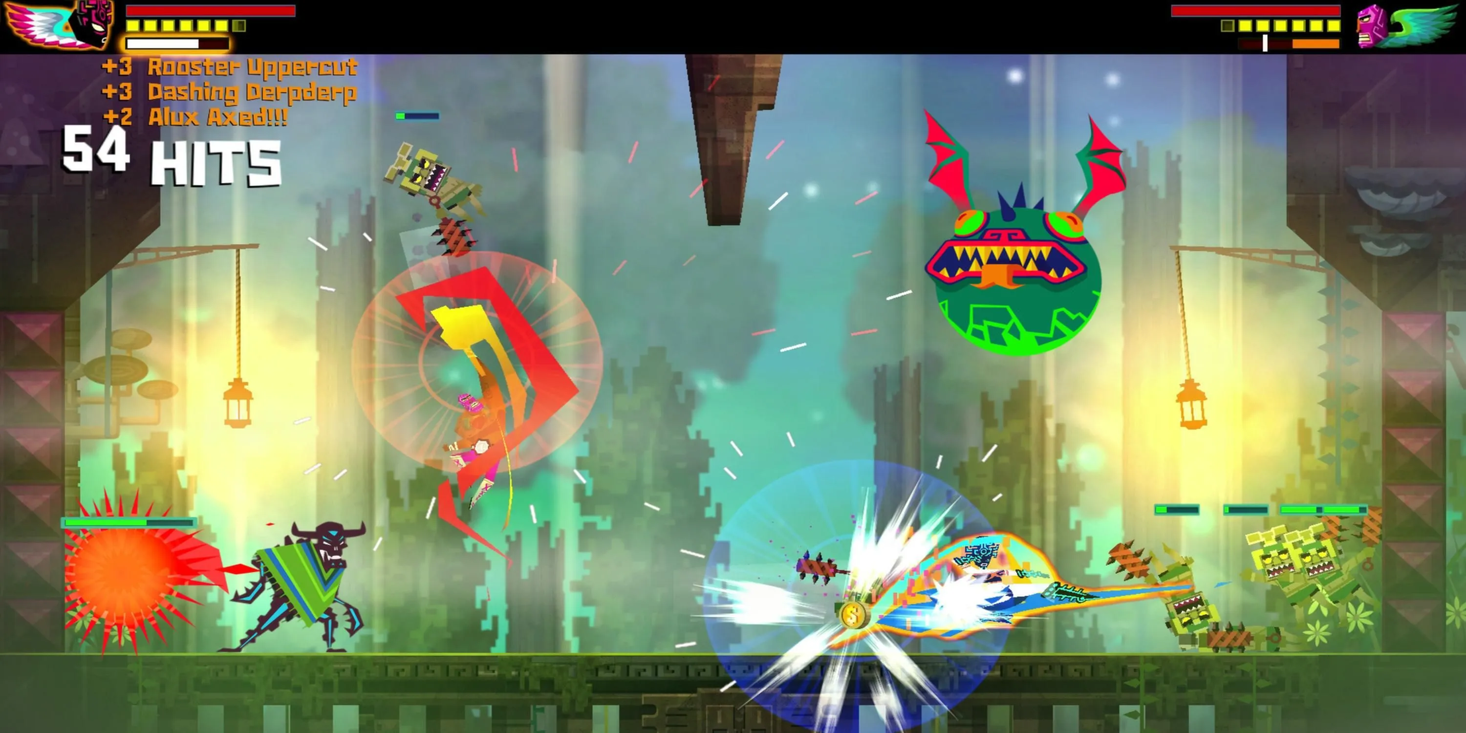 Luchador Juan đang tấn công kẻ thù trong Guacamelee, một game platformer beat 'em up
