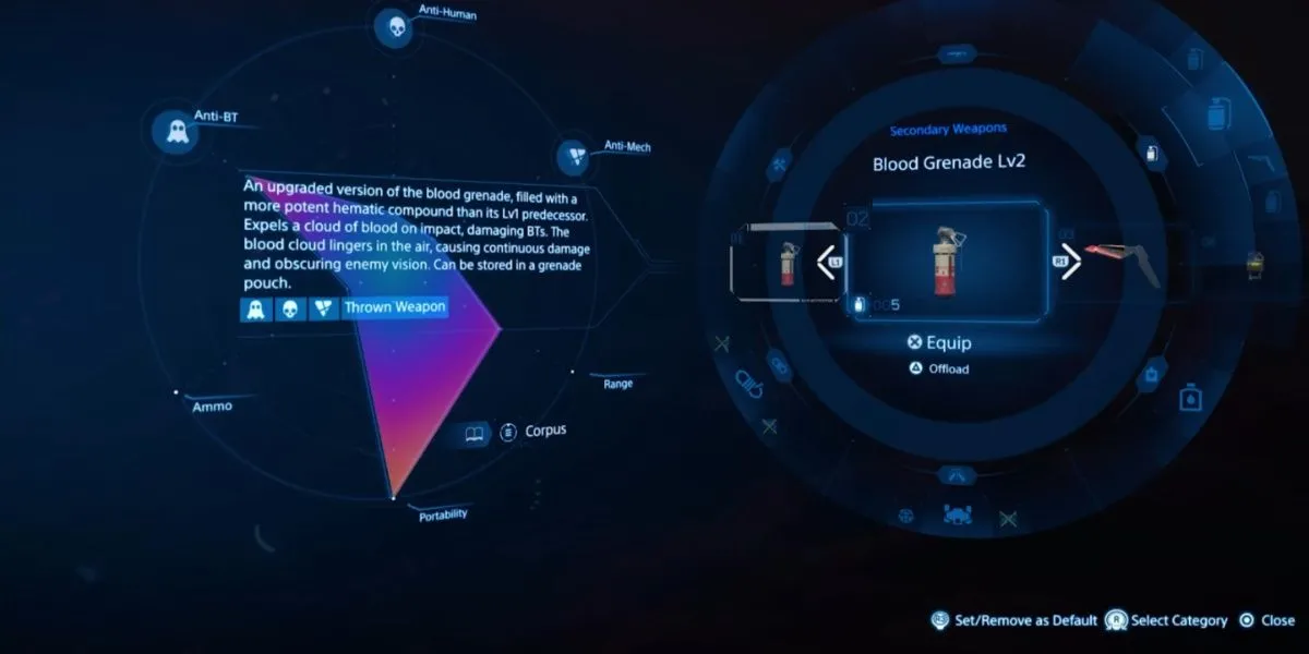 Lựu đạn máu cấp 2 trong Death Stranding 2, tạo ra sương mù gây sát thương và làm mất phương hướng kẻ địch.
