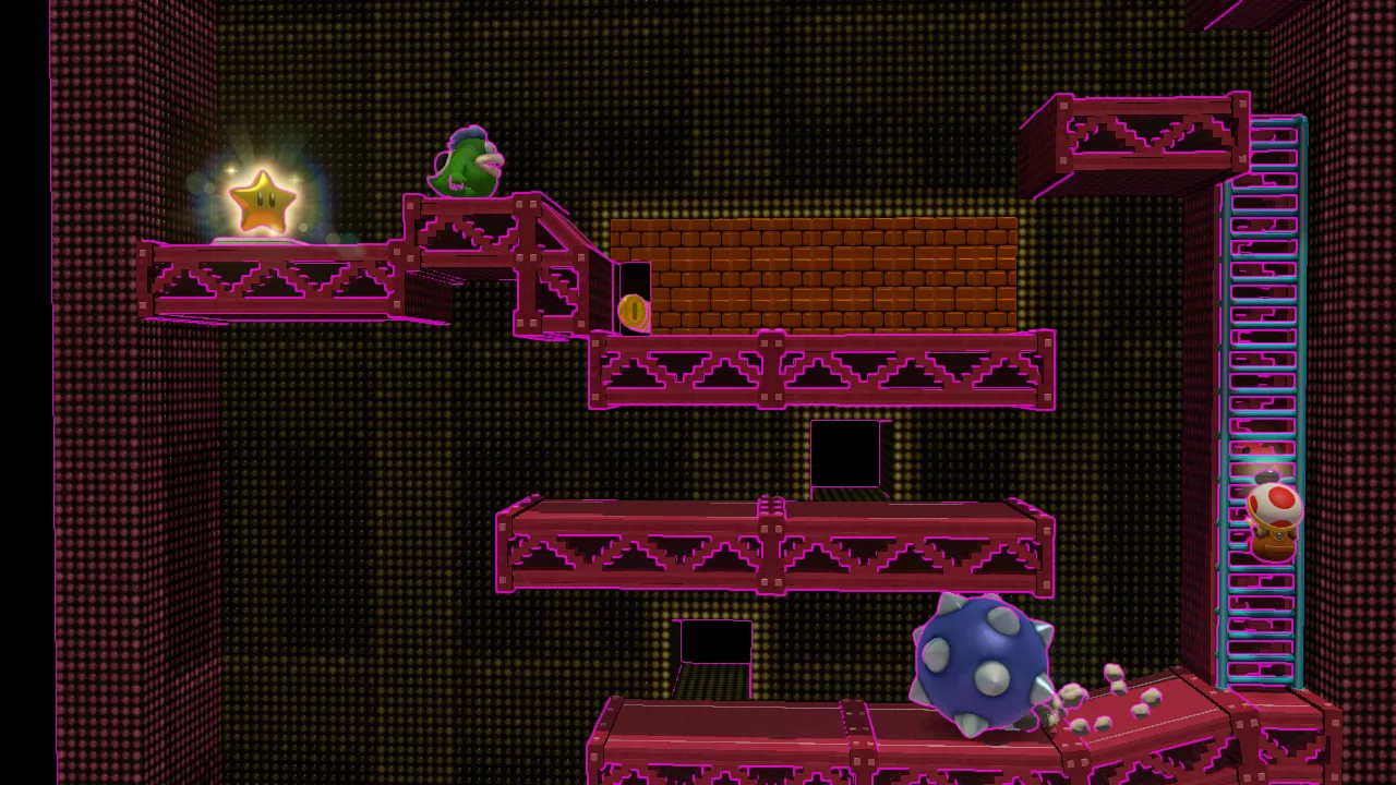 Màn chơi Retro Ramp-Up trong Captain Toad: Treasure Tracker, mô phỏng phong cách ném thùng của Donkey Kong