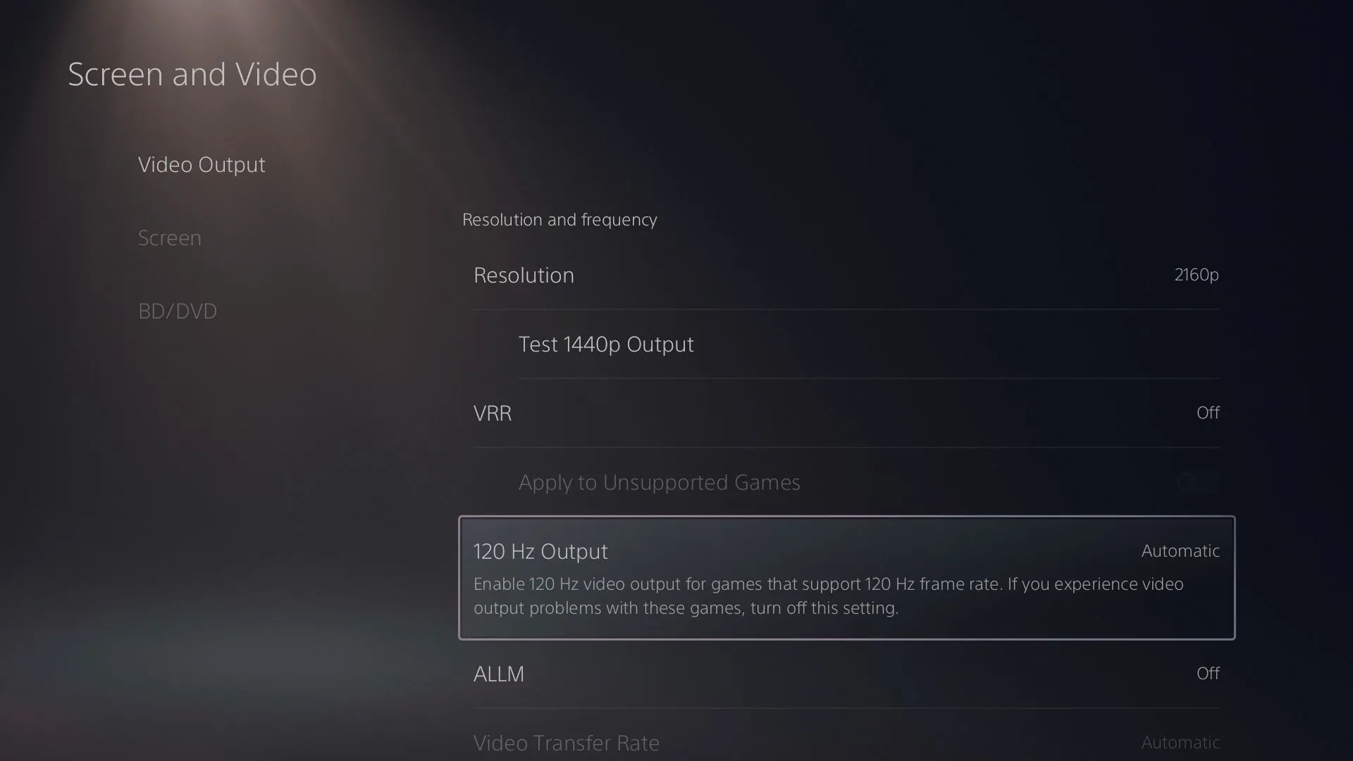 Màn hình cài đặt xuất hình 120Hz trên PlayStation 5, cho phép người dùng điều chỉnh đầu ra tần số quét tự động để tối ưu trải nghiệm chơi game.