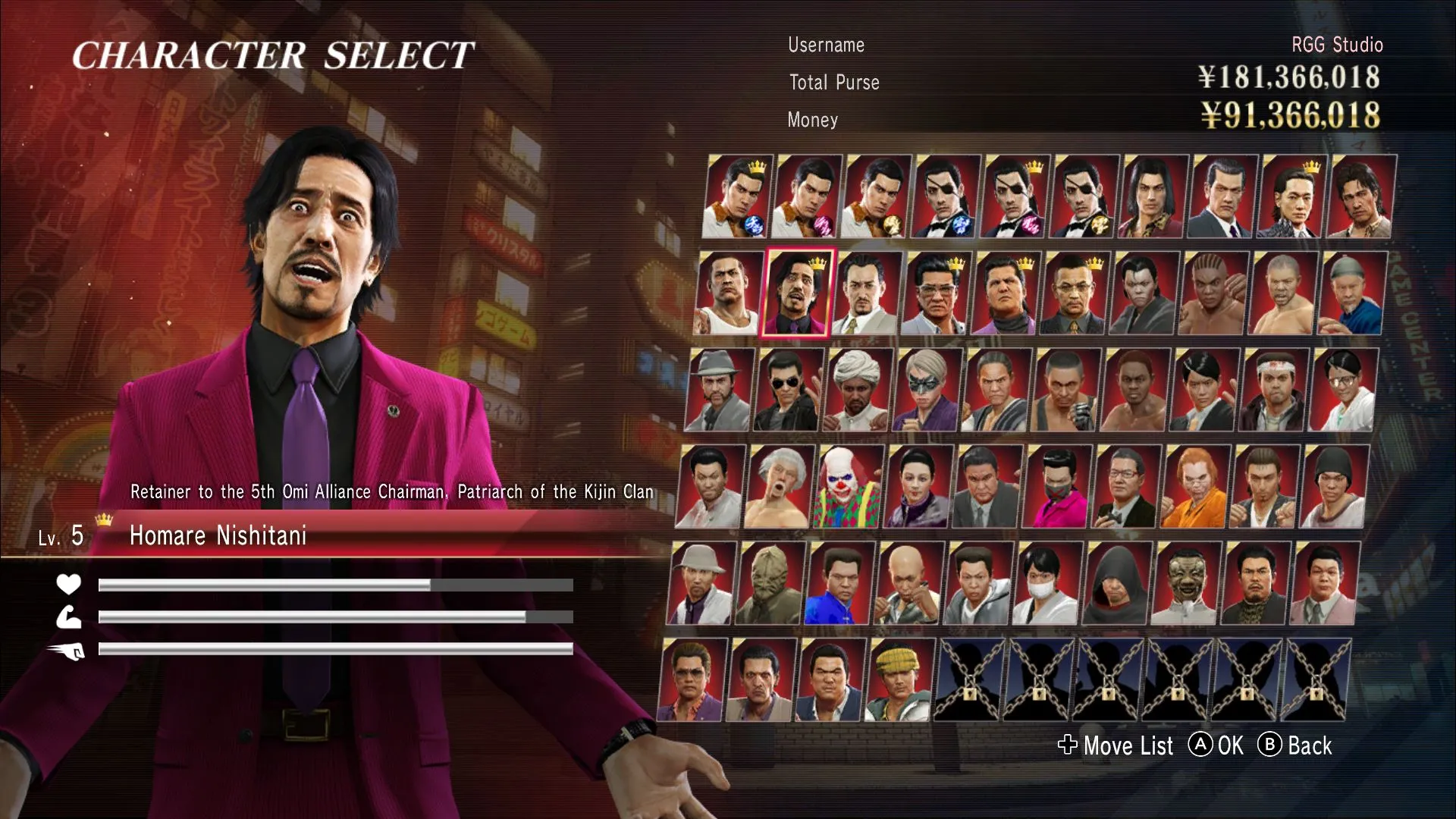 Màn hình chọn nhân vật trong chế độ Red Light Raid của Yakuza 0 Director's Cut, hiển thị các nhân vật Kiryu và Majima với phong cách chiến đấu riêng biệt.