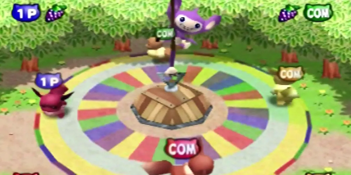 Màn hình mini-game Eager Eevee trong Pokemon Stadium 2, thể hiện Eevee và Aipom đang chơi