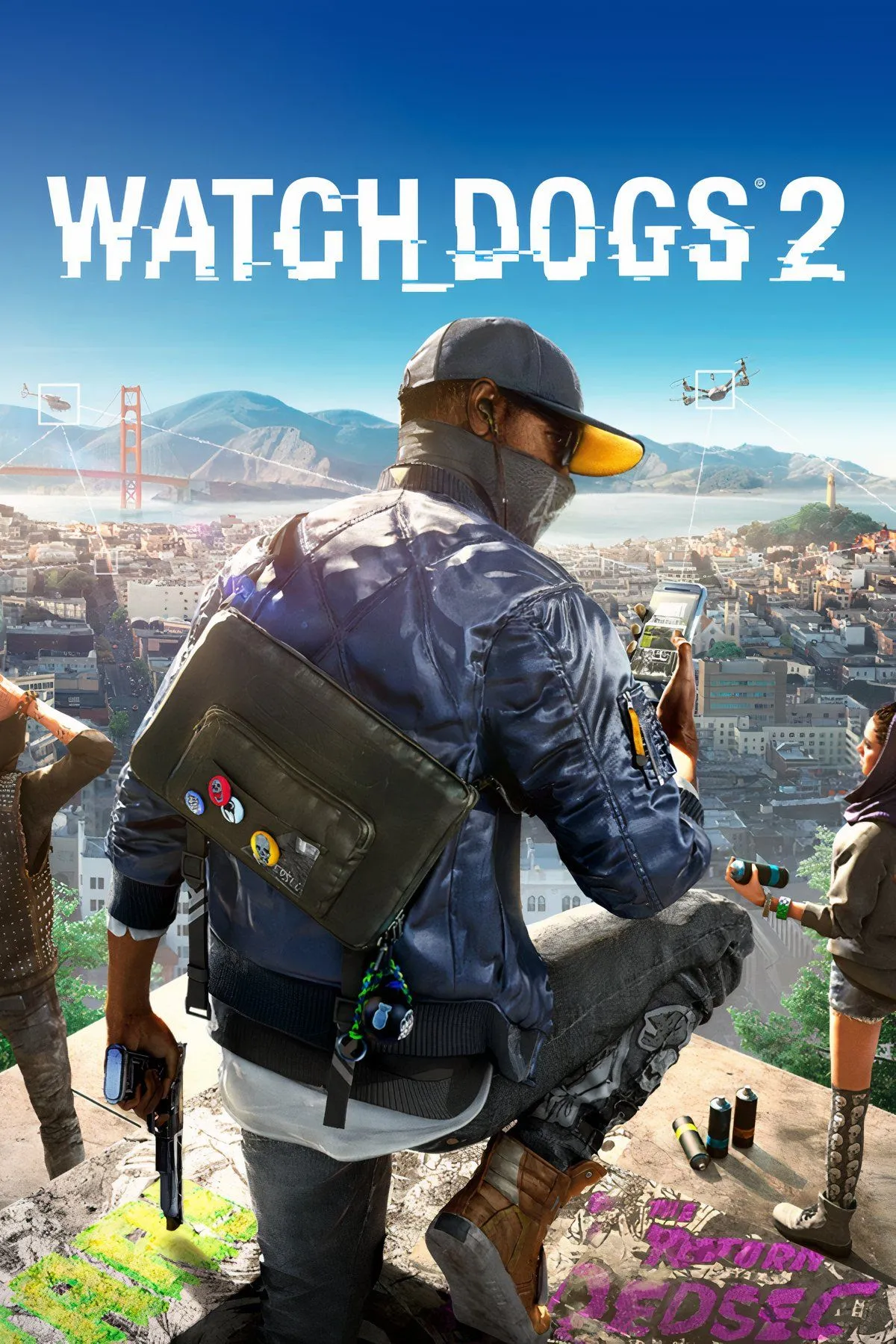 Marcus Holloway, nhân vật chính của Watch Dogs 2, đang sử dụng điện thoại để hack trong môi trường đô thị San Francisco.