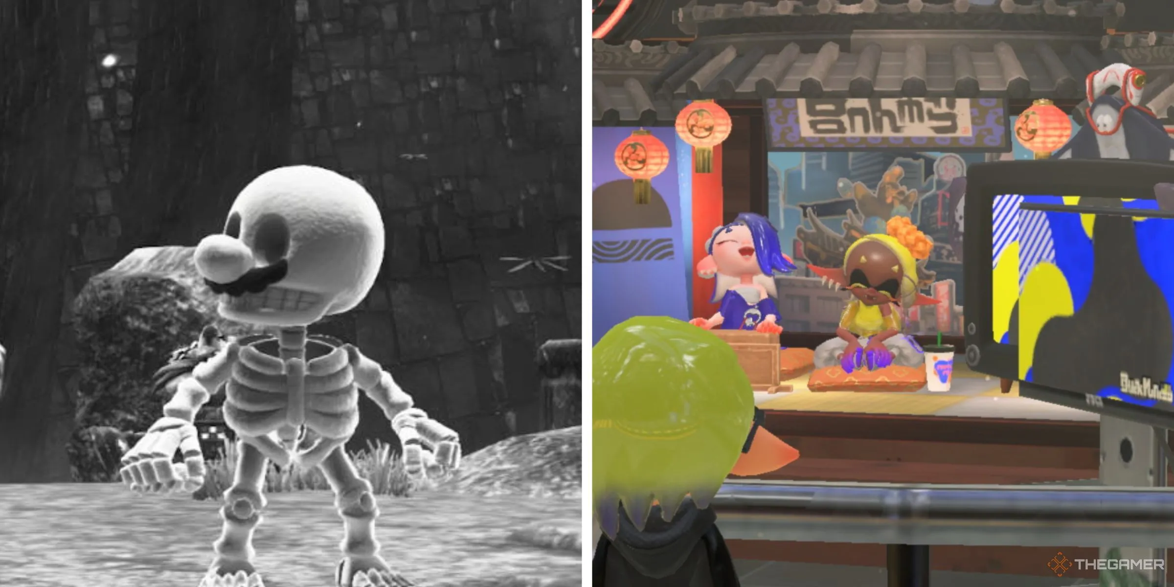 Mario trong bộ xương chụp ảnh đen trắng ở Super Mario Odyssey và nhân vật nhìn vào studio Deep Cut trong Splatoon 3, thể hiện tính năng chế độ chụp ảnh trong game.