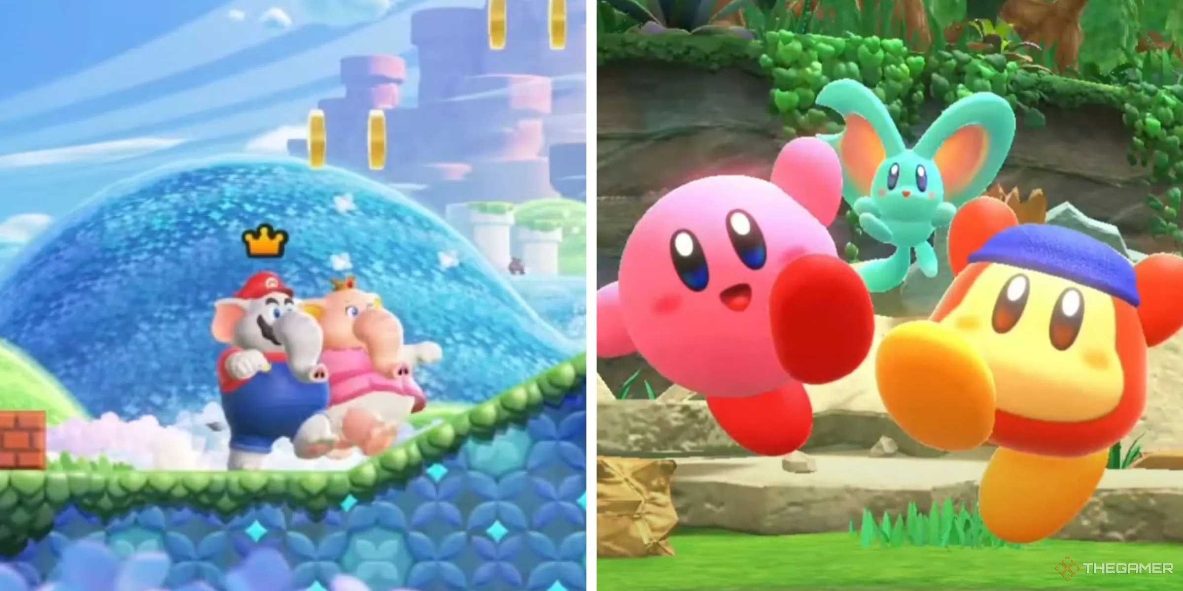 Mario Voi và Peach chạy trong Super Mario Bros. Wonder, cùng Kirby, Bandana Waddle Dee và Elfilin ăn mừng trong Kirby and the Forgotten Land, thể hiện niềm vui khi chơi game nhiều người.