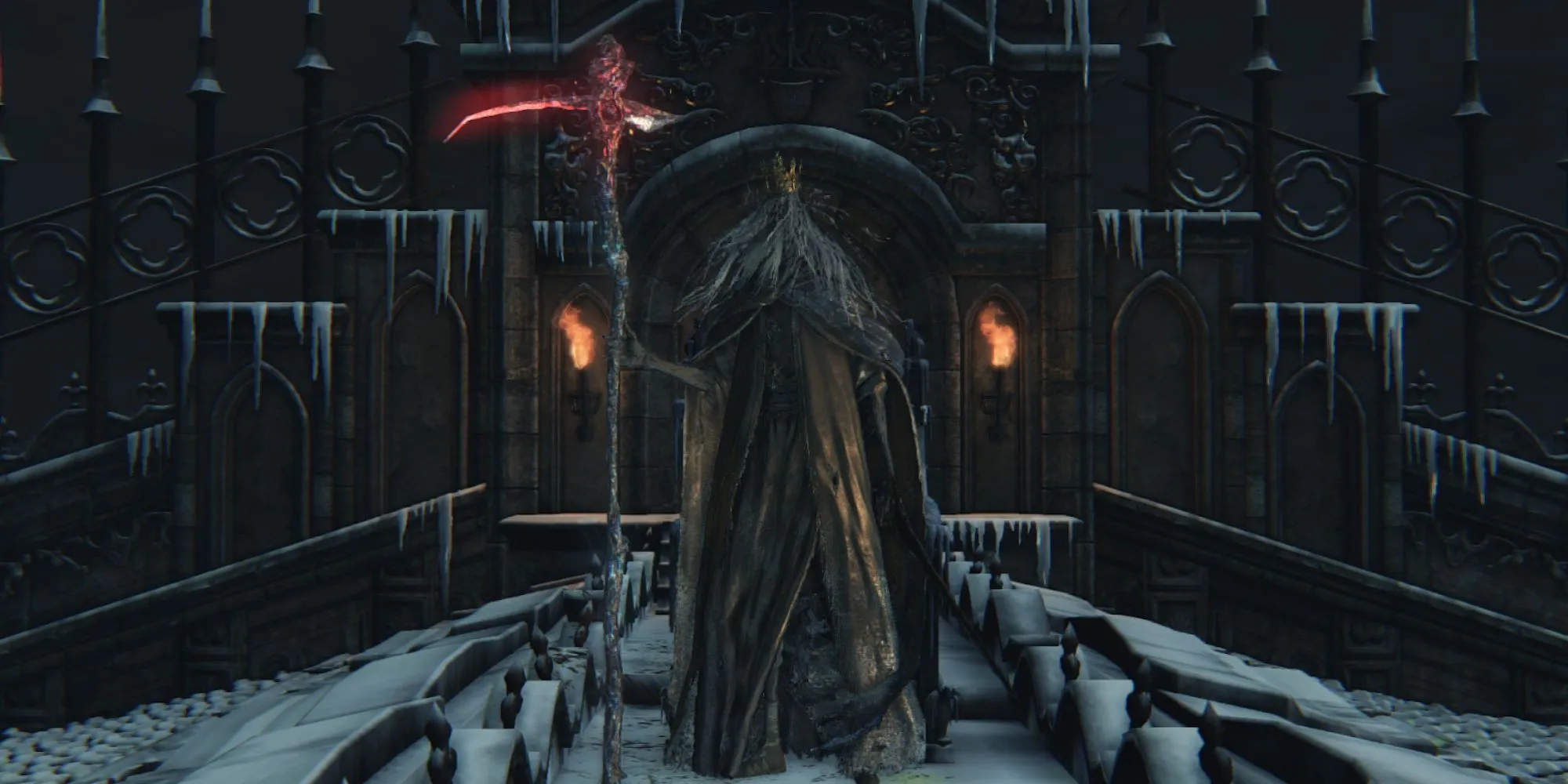 Martyr Logarius uy nghi với lưỡi hái trong Bloodborne, một thử thách khó nhằn.