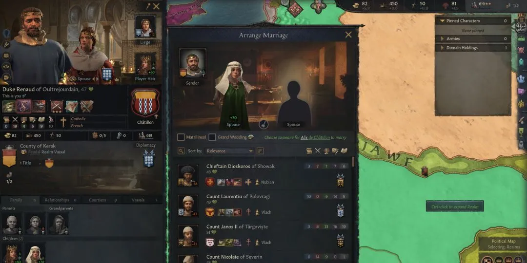 Một bá tước bắt đầu sắp đặt cuộc hôn nhân cho con gái mình trong Crusader Kings 3, minh họa yếu tố nhập vai chiến lược.