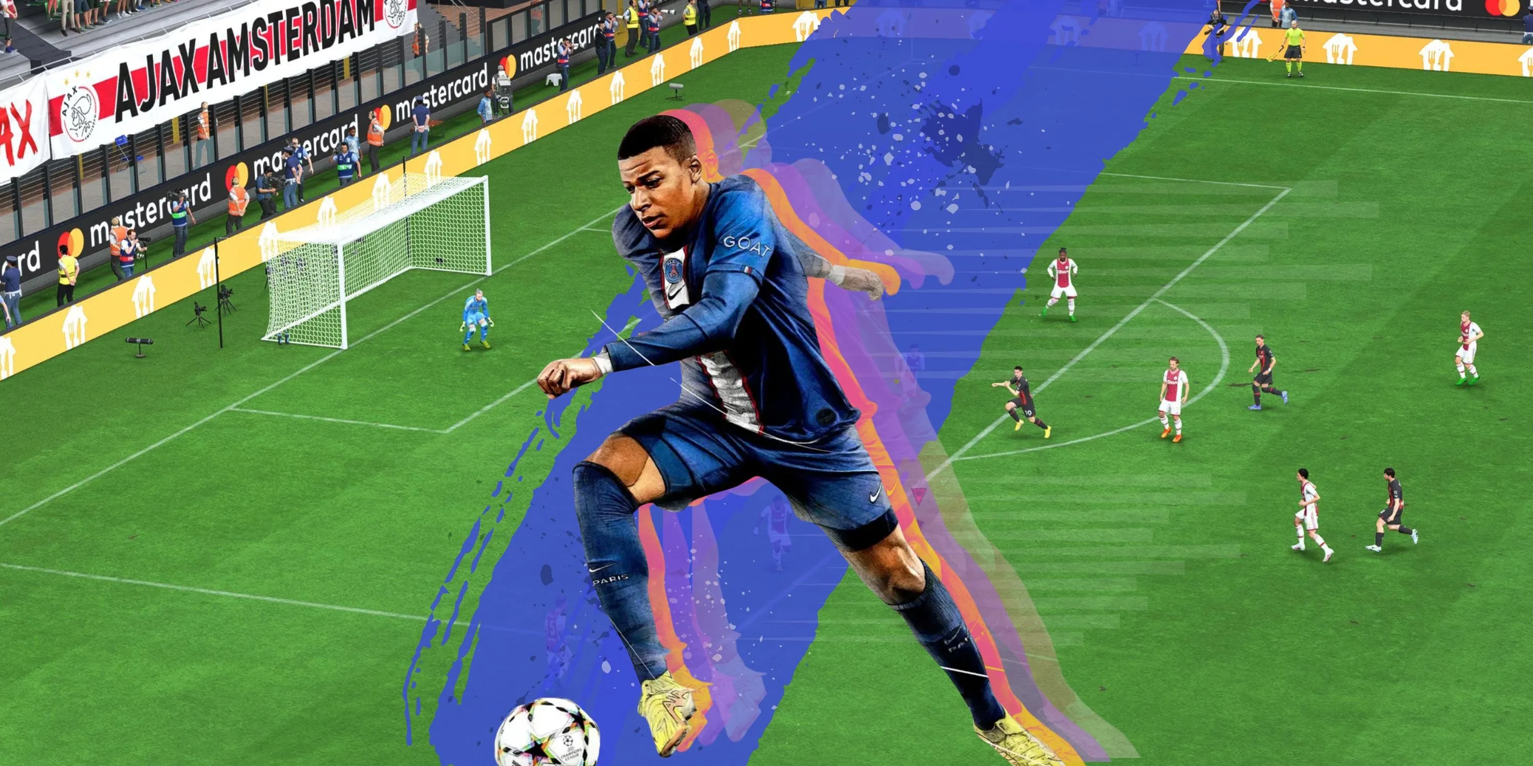 Một bức ảnh tổng hợp gồm cảnh gameplay bóng đá và cầu thủ của FIFA 23, đại diện cho game bóng đá mô phỏng.