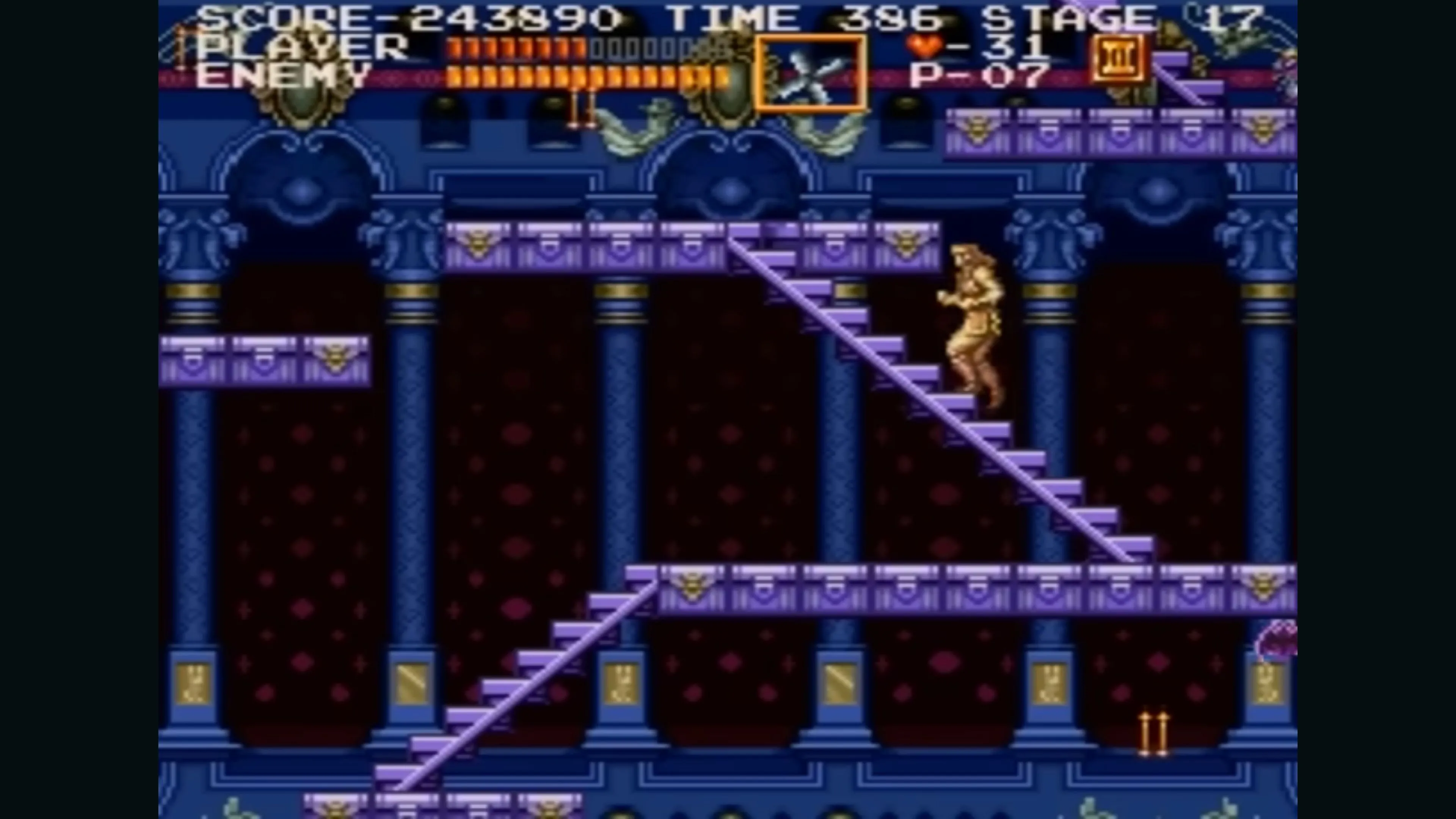 Một cảnh chiến đấu khác trong Castlevania Chronicles, tập trung vào hành động và nền cảnh.