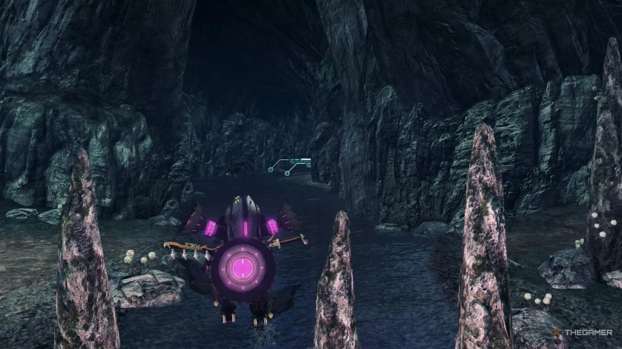 Một cảnh quan rộng lớn và độc đáo trong Xenoblade Chronicles X, thể hiện quy mô thế giới mở và địa điểm bí ẩn như &quot;ensanguined font&quot; mà người chơi có thể khám phá.