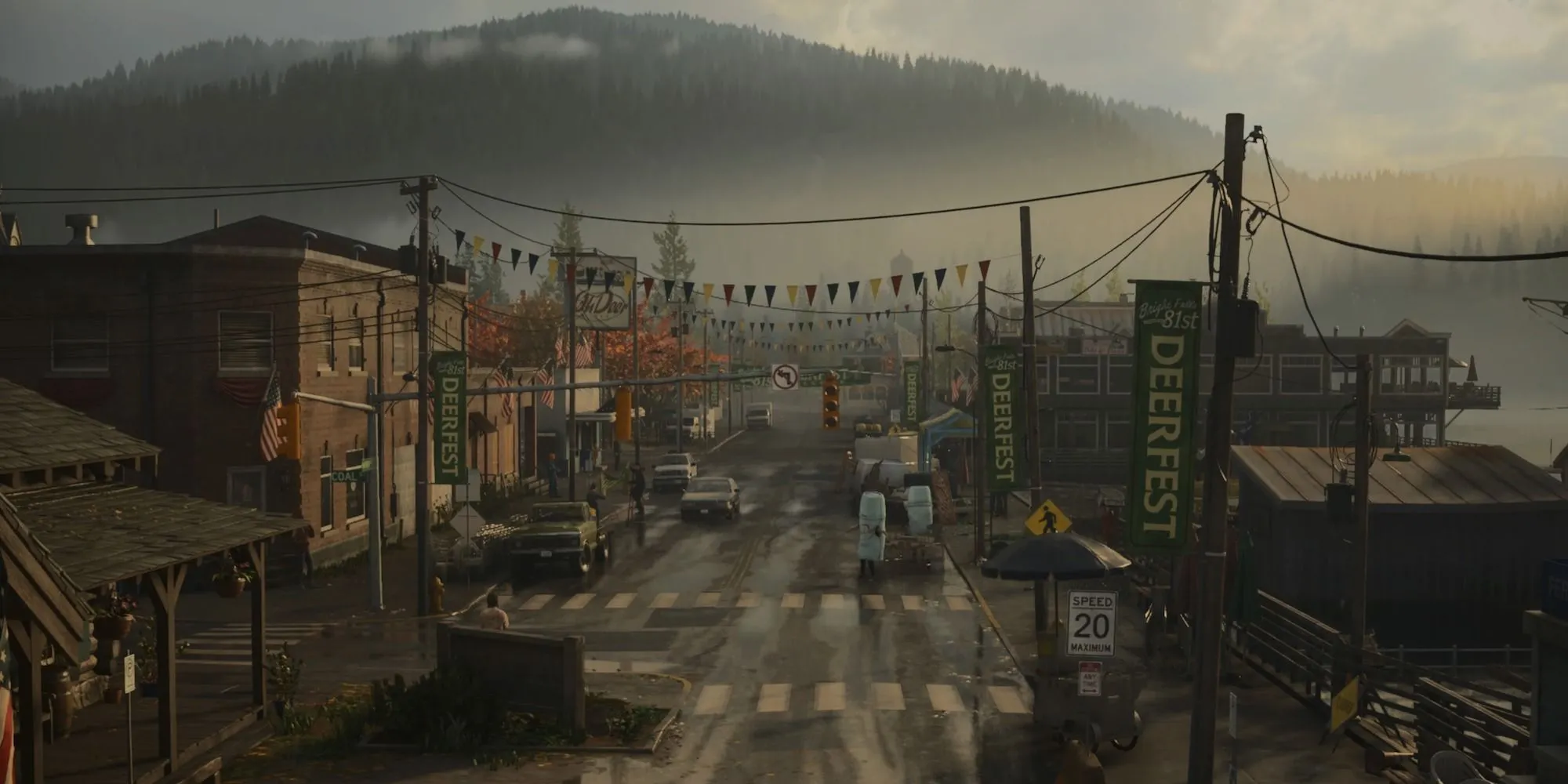 Một cảnh quay của thị trấn Bright Falls trong Alan Wake 2, thể hiện sự tương phản giữa ánh sáng và bóng tối bao trùm thị trấn.