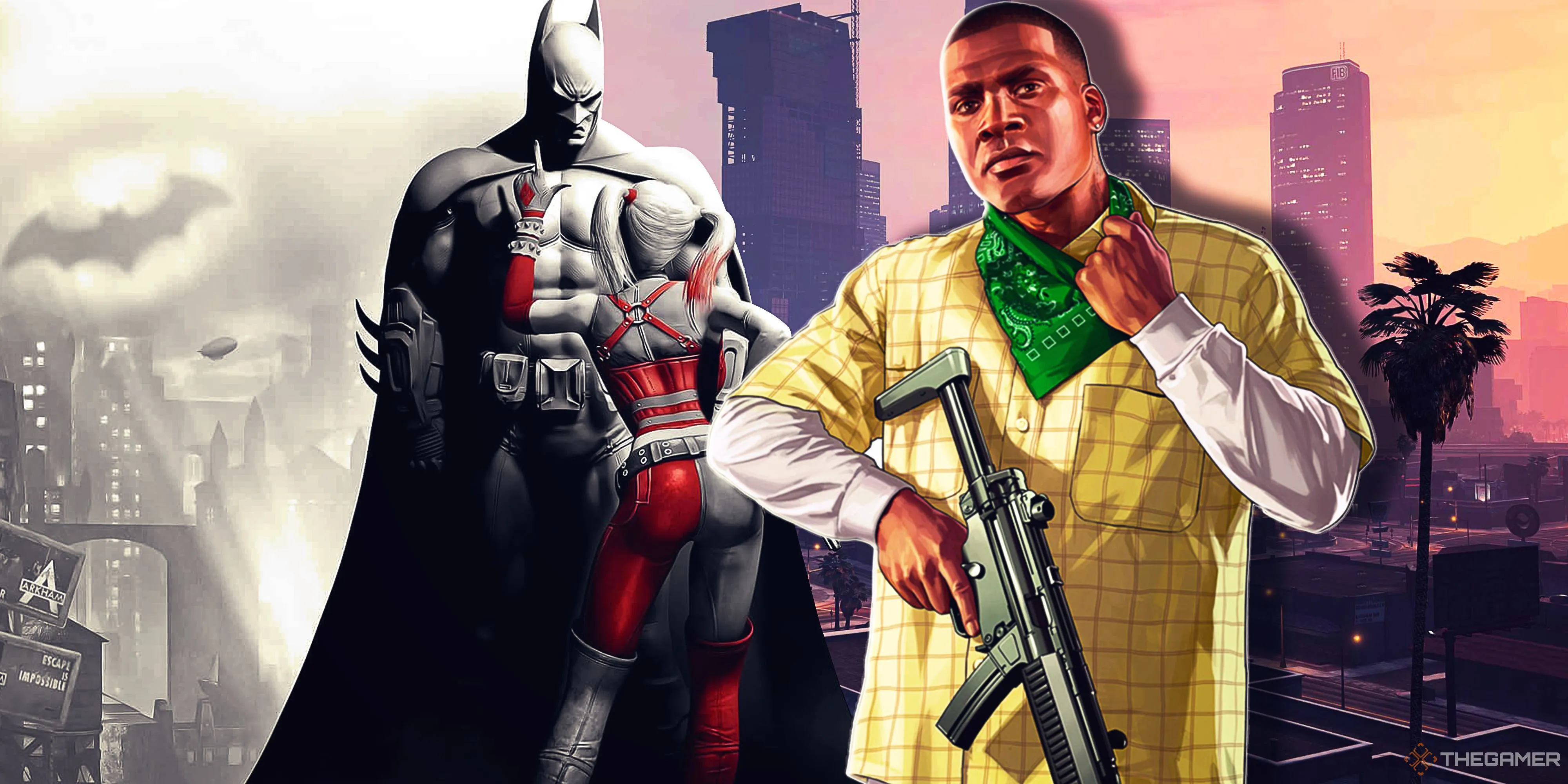 Một cảnh tổng hợp các thành phố hư cấu nổi tiếng trong game, bao gồm Batman Arkham City và Grand Theft Auto 5, đại diện cho những cái tên biểu tượng.