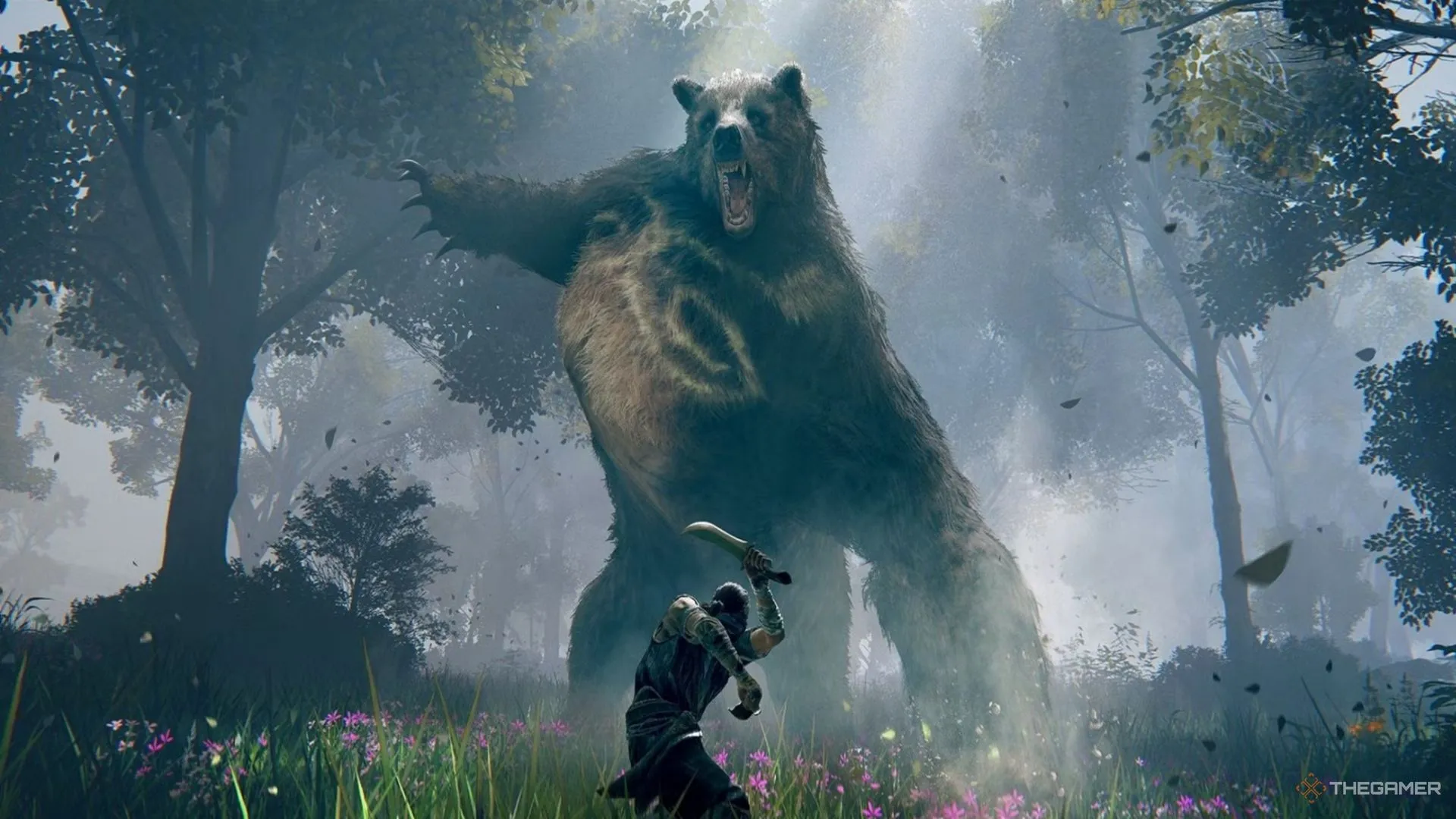 Một con Runebear chuẩn bị tấn công người chơi trong Elden Ring, loại địch có thể rơi Larval Tear quý giá