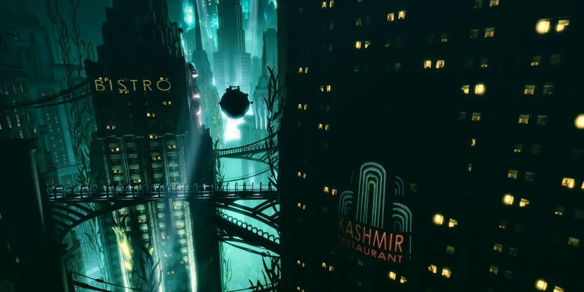Một khung cảnh tổng quát bên trong thành phố ngầm Rapture trong BioShock, với kiến trúc Art Deco và bầu không khí u ám.