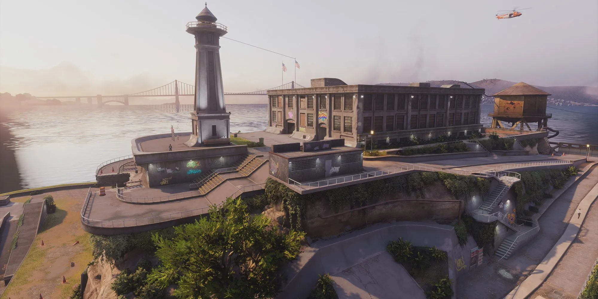 Một khung cảnh từ Tony Hawk's Pro Skater 3 + 4, tái hiện nhà tù Alcatraz với một skater đang thực hiện trick, cho thấy sự đa dạng của các bản đồ trong game.