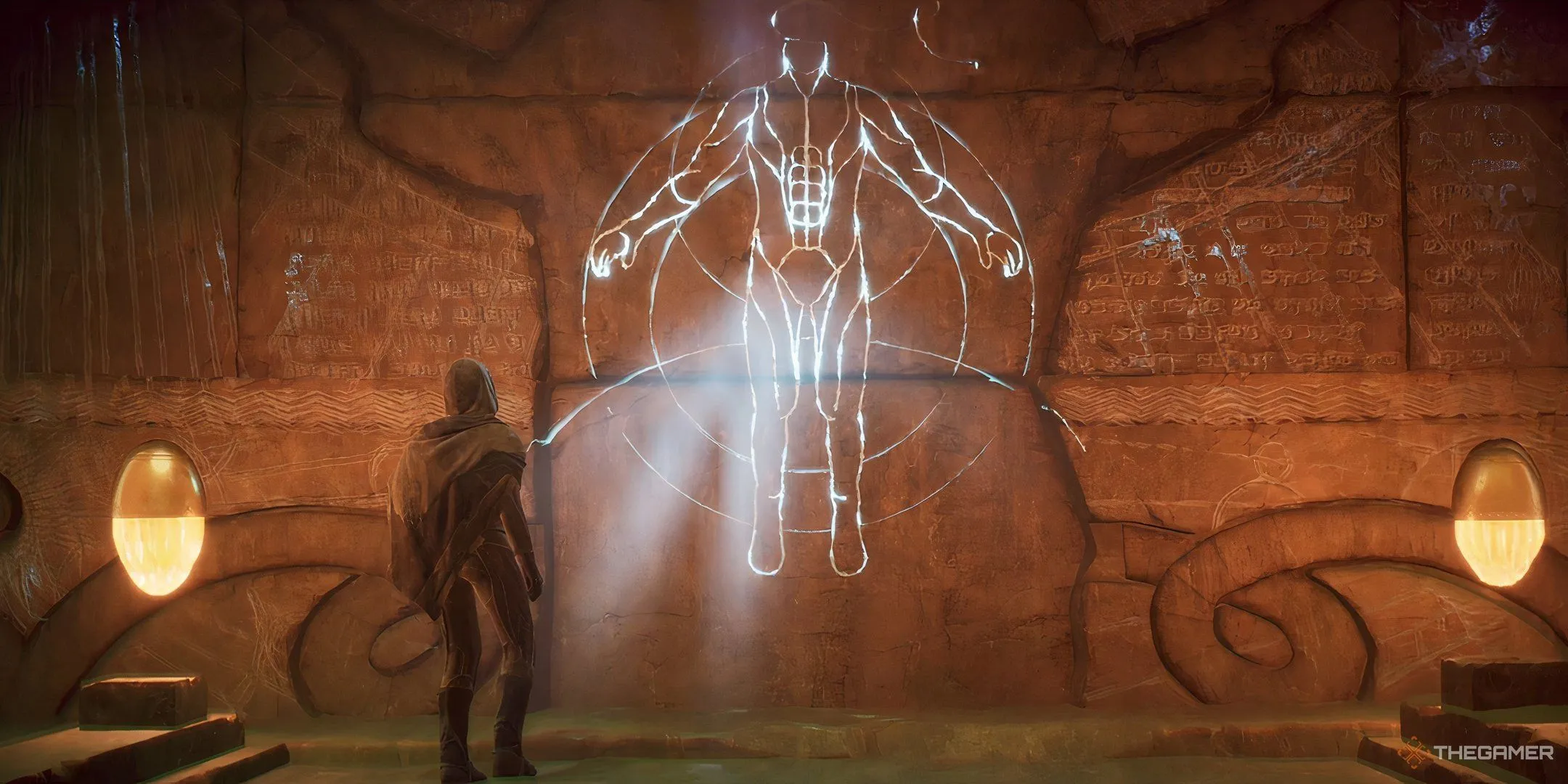 Một nhân vật đang đứng trước dòng chữ Fremen cổ đại trong game Dune: Awakening.