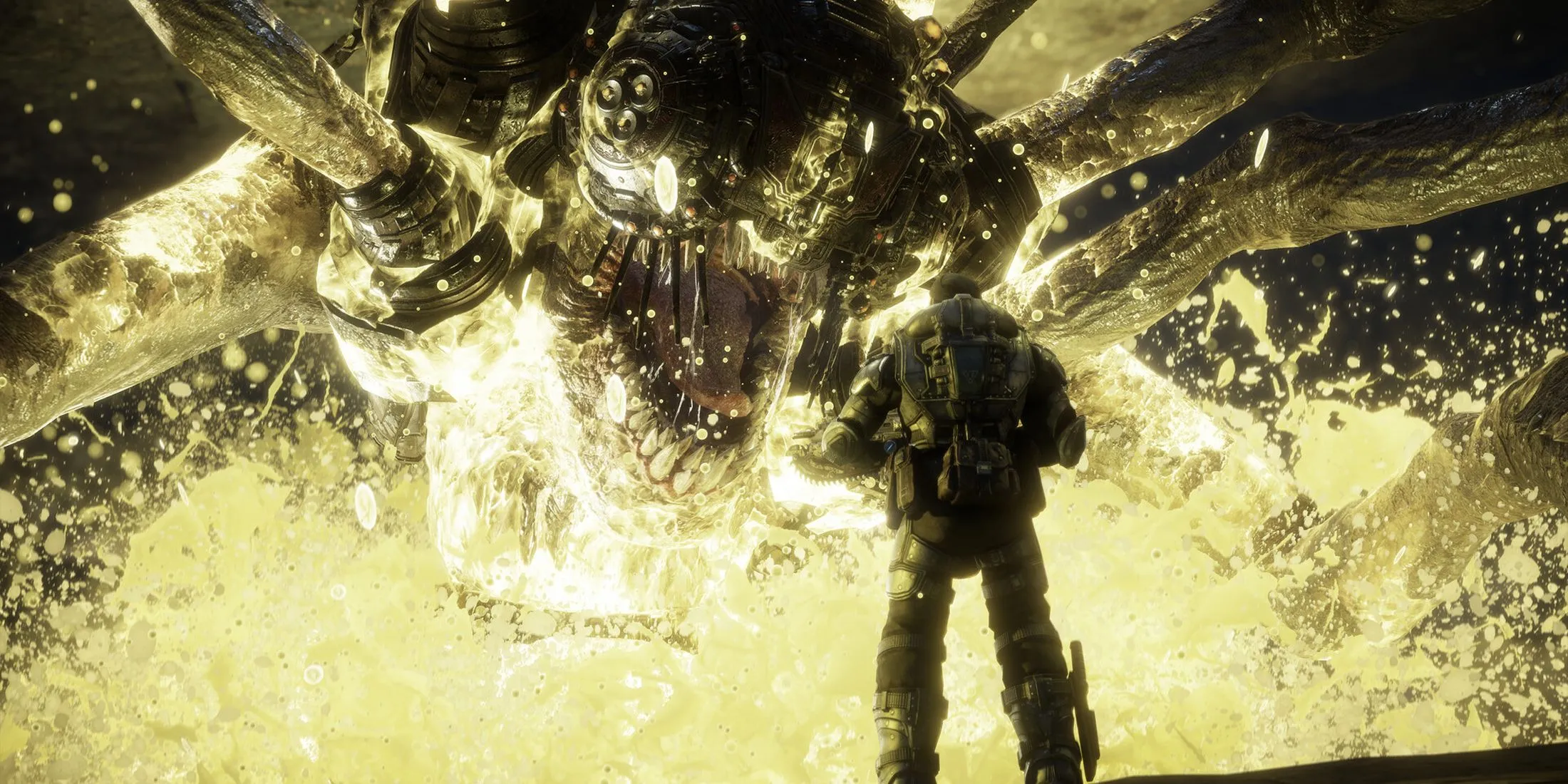 Một quái vật Corpser khổng lồ tấn công người chơi, thể hiện sự kịch tính trong Gears of War Reloaded.