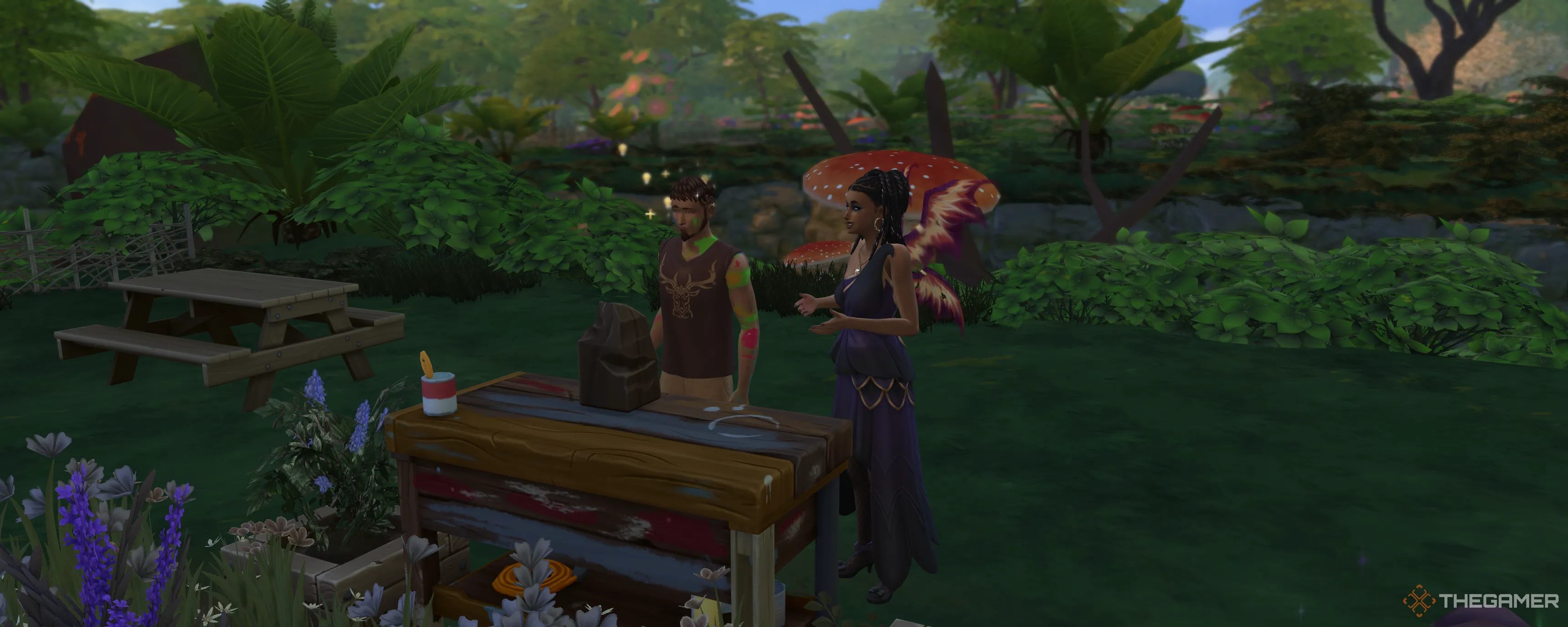 Một Sim với Ailment Creative Impulse đang chế tạo đồ vật trong The Sims 4 Enchanted By Nature.