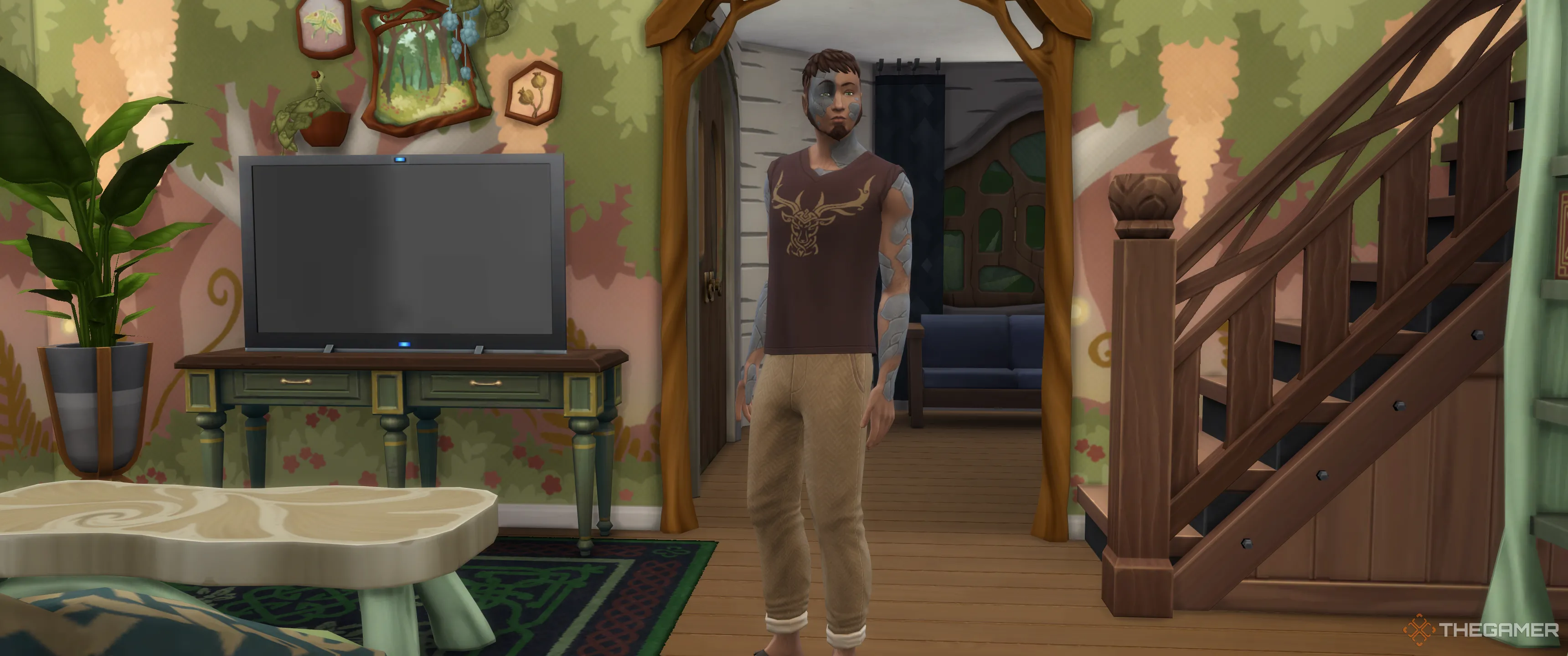 Một Sim với Ailment Emotional Void trong phòng khách trong The Sims 4 Enchanted By Nature.