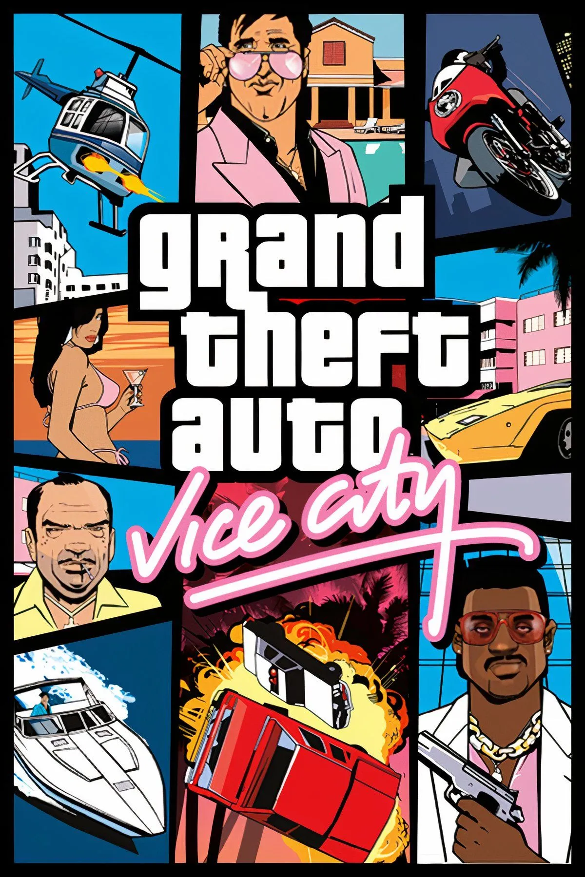 Một tổng hợp các cảnh quan đặc trưng trong series Grand Theft Auto, bao gồm các thành phố Liberty City và Vice City, thể hiện phong cách tự do và tội lỗi.