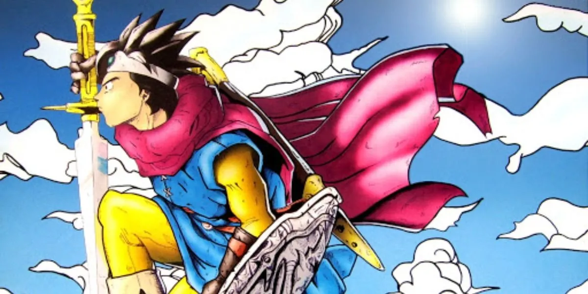Người Anh hùng nhìn lên bầu trời và cầm thanh kiếm trong Dragon Quest 3 hay Dragon Warrior 3