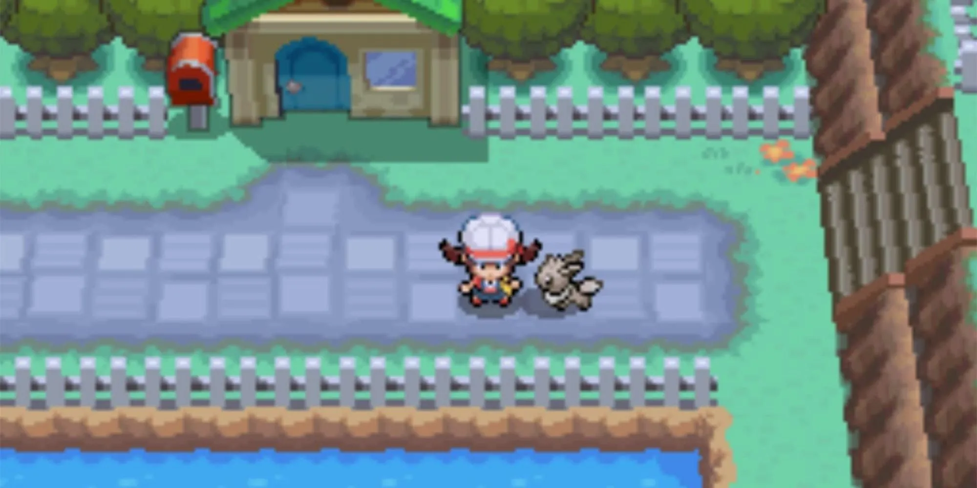 Người chơi đứng cùng Eevee trong Pokemon HeartGold, thể hiện mối gắn kết với Pokemon đồng hành trong game.