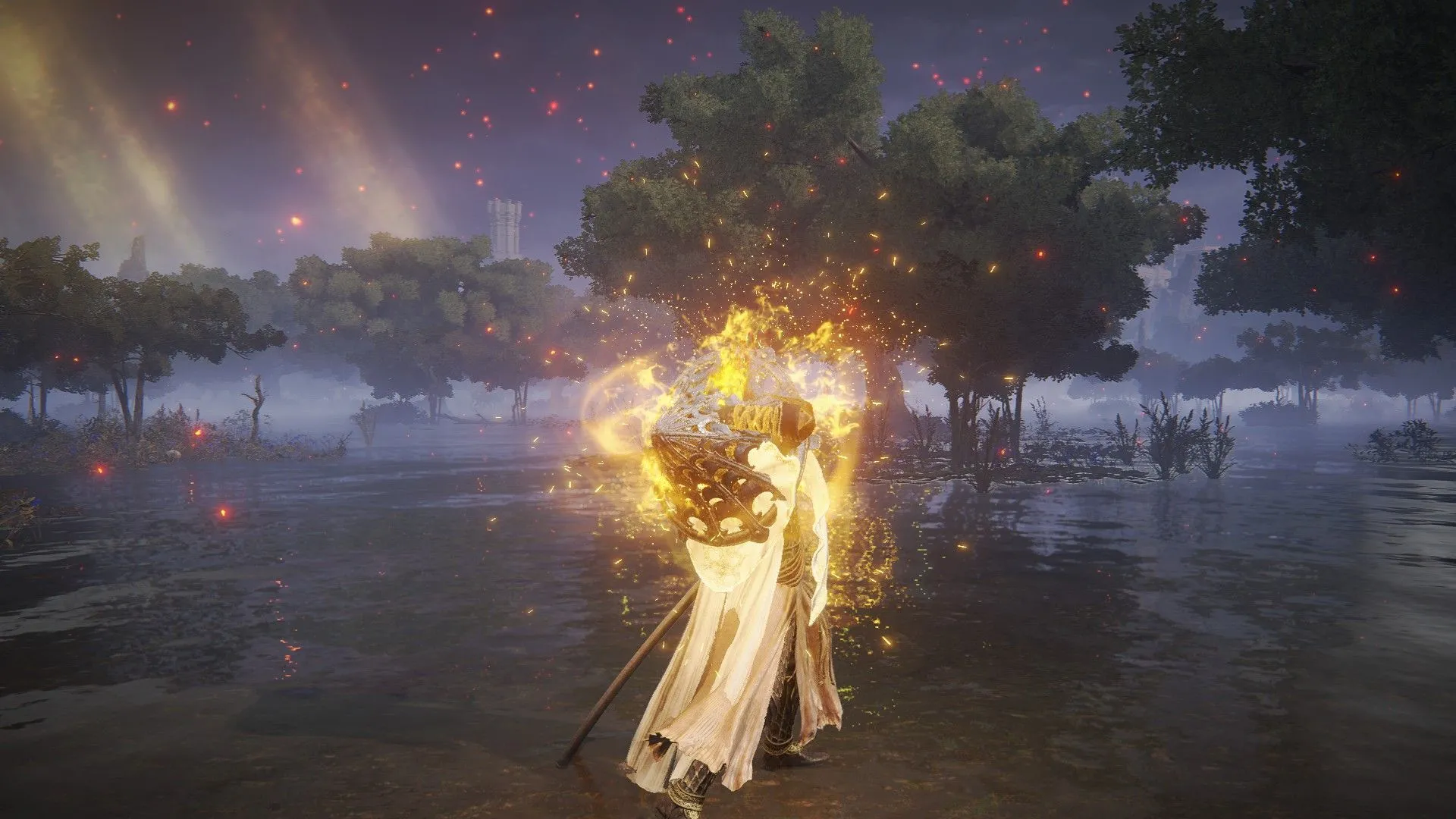 Người chơi sử dụng tư thế 'Madness' gần Frenzy-Flaming Tower ở Liurnia trong Elden Ring