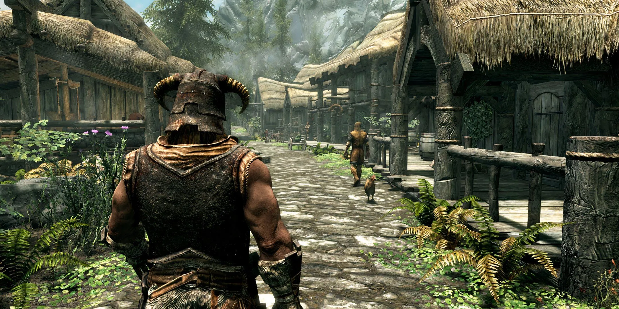 Nhân vật chính đang khám phá một thị trấn trong The Elder Scrolls V: Skyrim, một trong những tựa game lớn dễ bị bỏ dở.