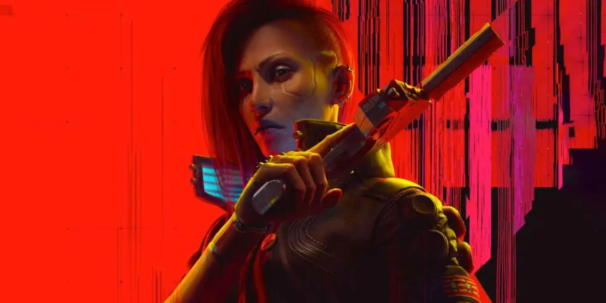 Nhân vật chính V trong bản mở rộng Phantom Liberty của Cyberpunk 2077, cầm khẩu súng ngắn với biểu cảm quyết đoán, thể hiện phong cách hành động đậm chất tương lai của Night City.