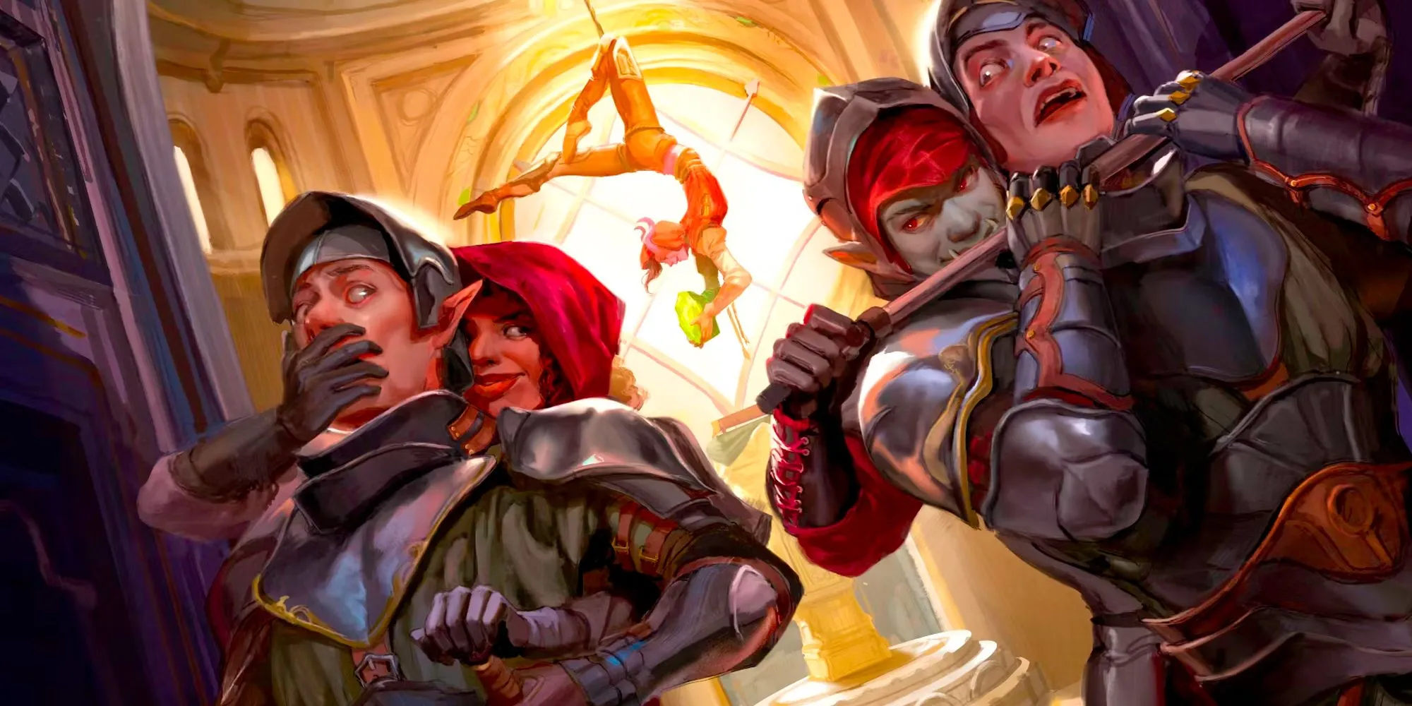 Nhân vật Rogue trộm bảo vật trong khi đồng đội giao chiến, minh họa chiến dịch Heist Dungeons &amp; Dragons.