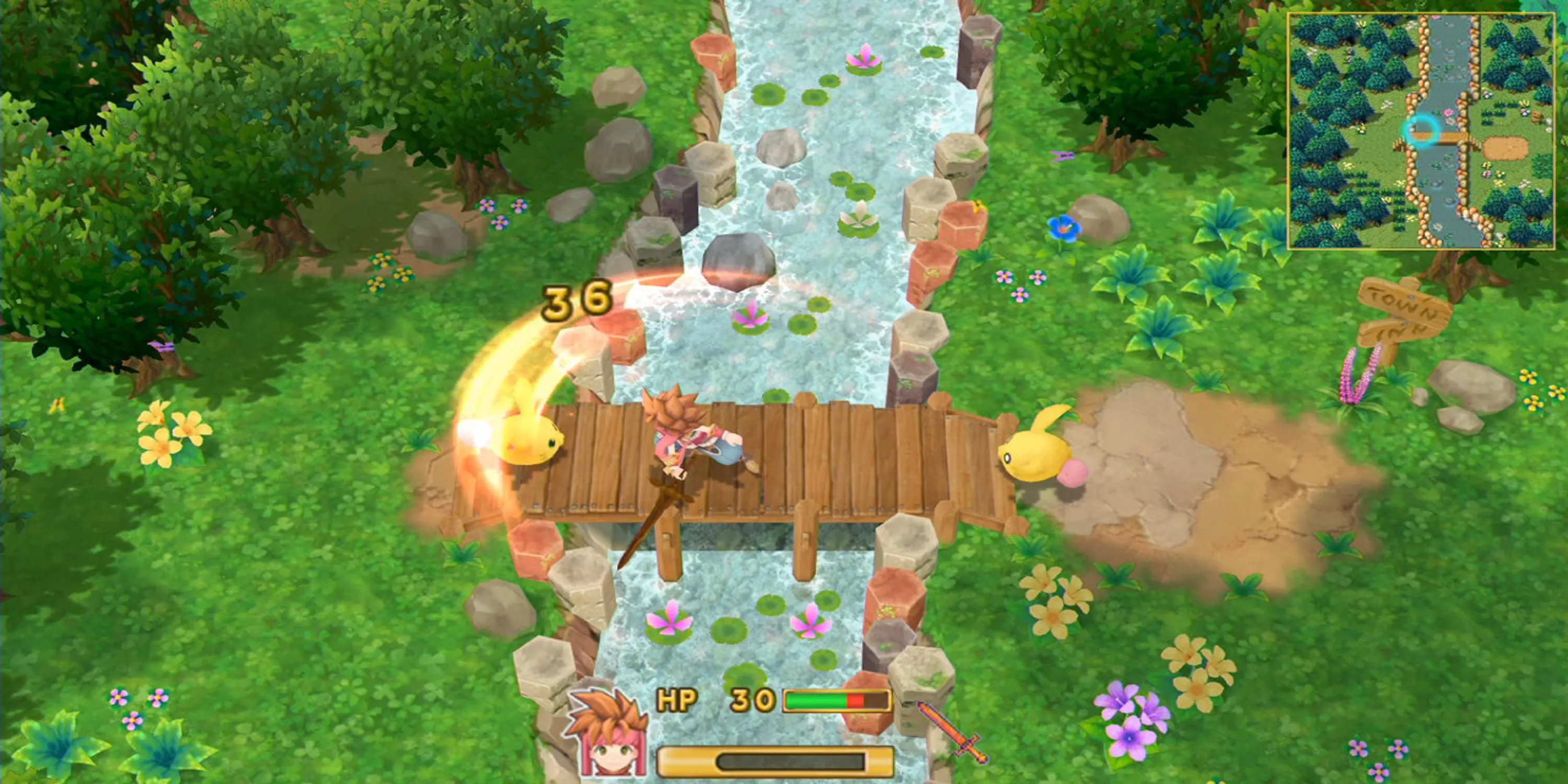 Nhân vật vung kiếm tấn công kẻ thù trong Secret of Mana (2018), minh họa lối chơi hành động nhập vai.