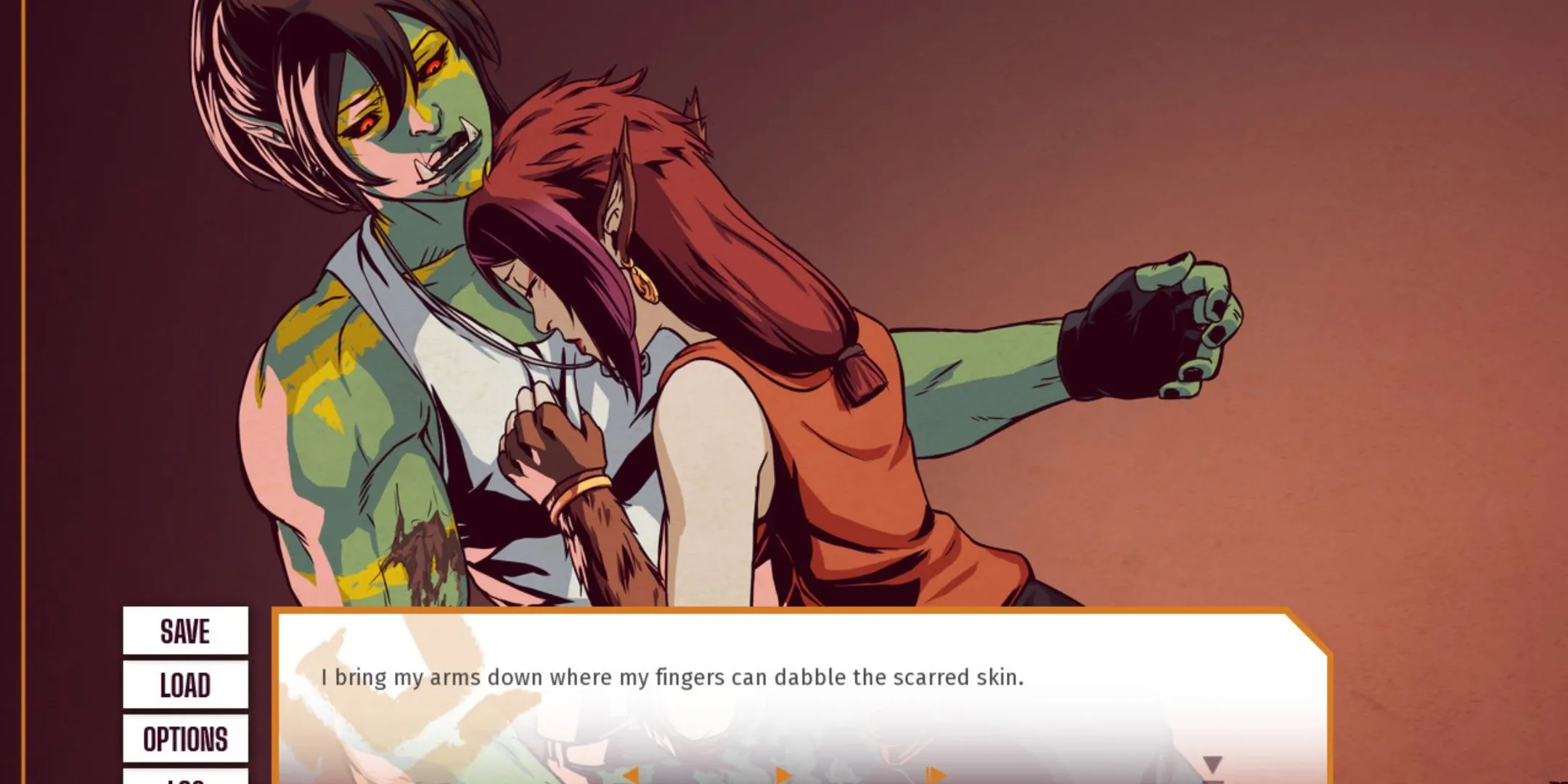 Nữ Orc và bạn đồng hành trong Salting The Earth, một tựa game hẹn hò lesbian