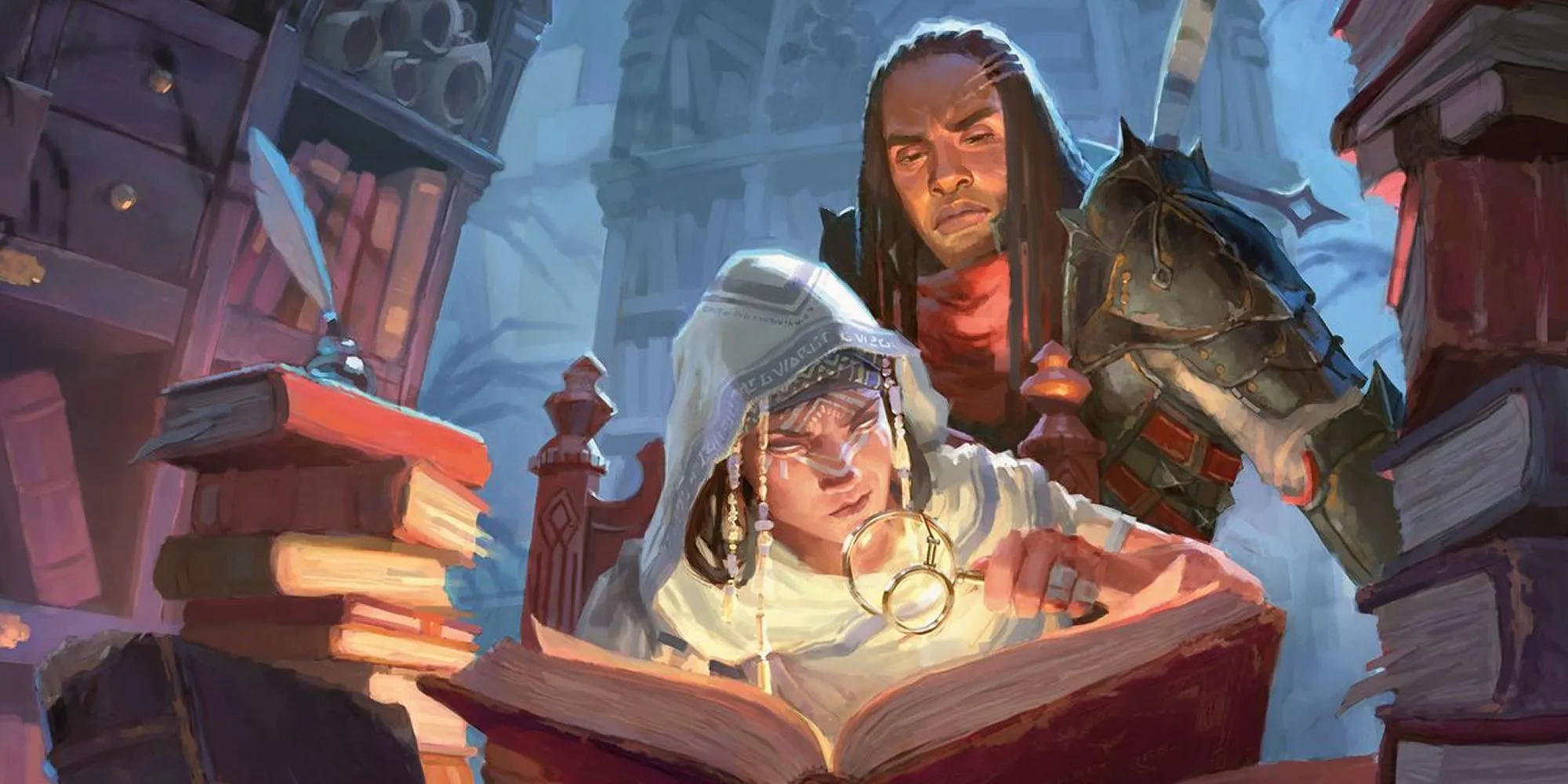 Pháp sư và đồng đội nghiên cứu sách cổ trong Dungeons &amp; Dragons, biểu tượng của chiến dịch bí ẩn.
