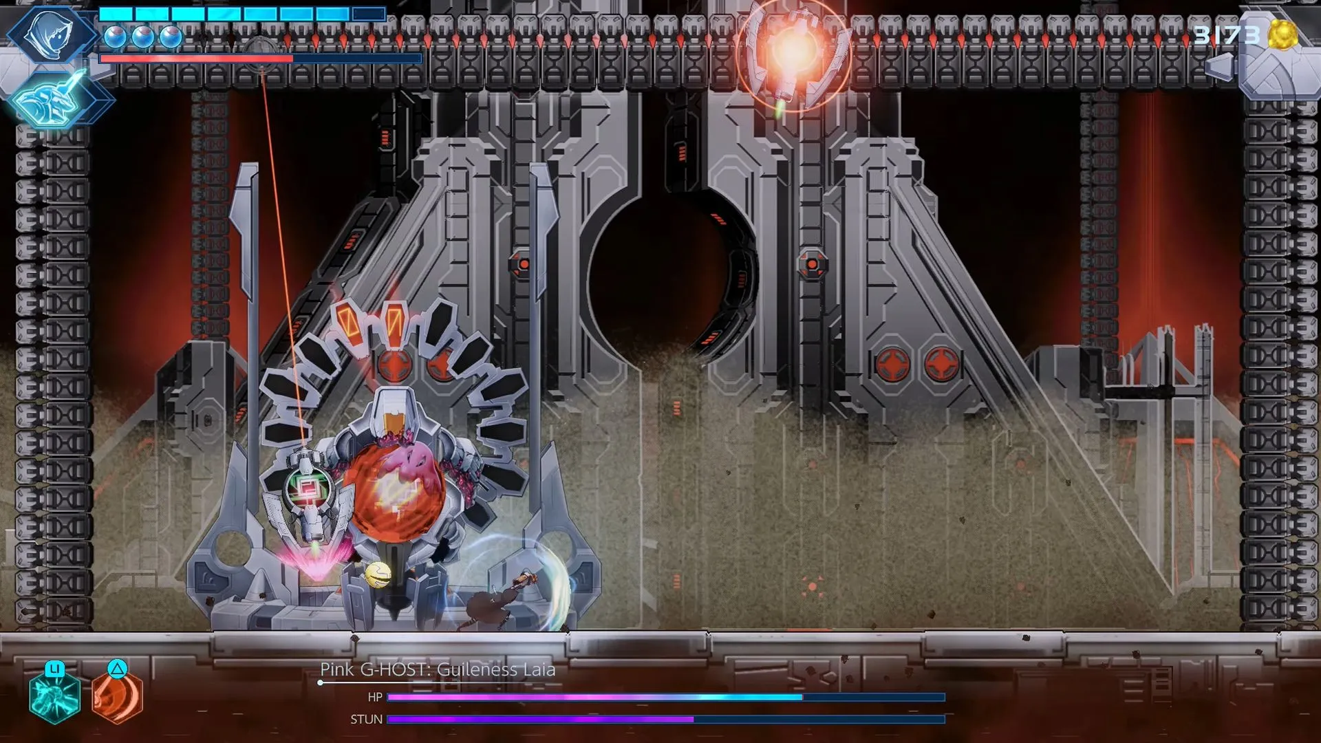 Pink G-HOST chuyển sang Giai Đoạn 2 trong Shadow Labyrinth, kẻ địch phụ màu xanh lá tấn công dồn dập.