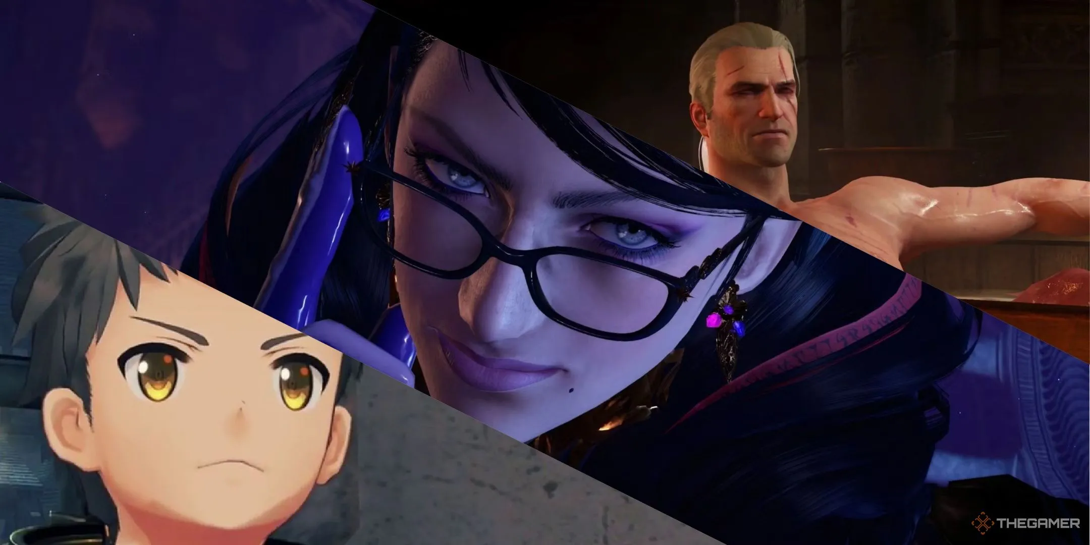 Rex trong Xenoblade Chronicles 2, Bayonetta trong Bayonetta 3, và Geralt trong bồn tắm từ The Witcher 3, minh họa các tựa game Nintendo Switch nổi bật.