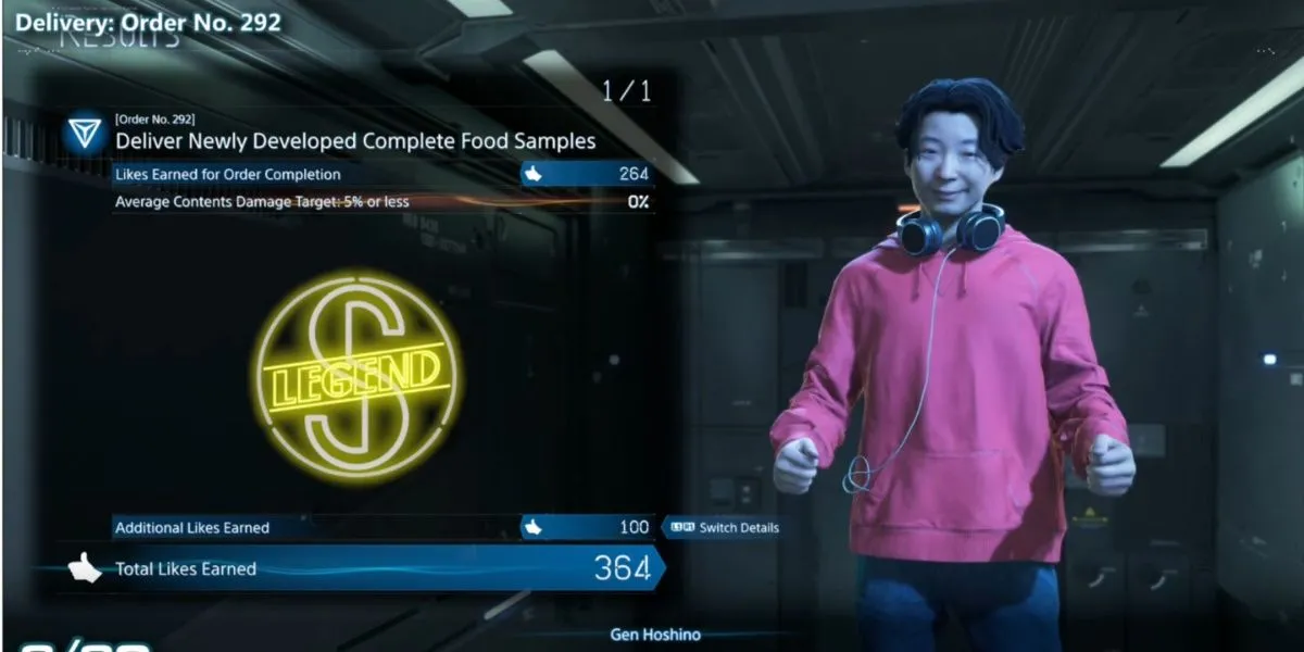 Sam Porter Bridges đang hoàn thành đơn hàng giao nhận S-Rank, biểu tượng cho thành tích Seasoned Porter trong Death Stranding 2.