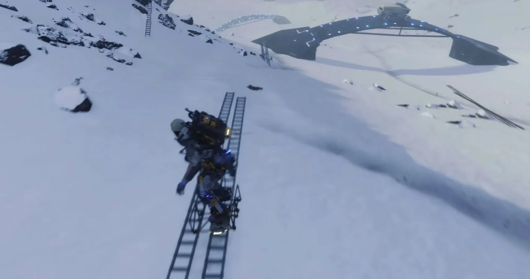 Sam trượt trên địa hình dốc, một cách di chuyển khác trong Death Stranding