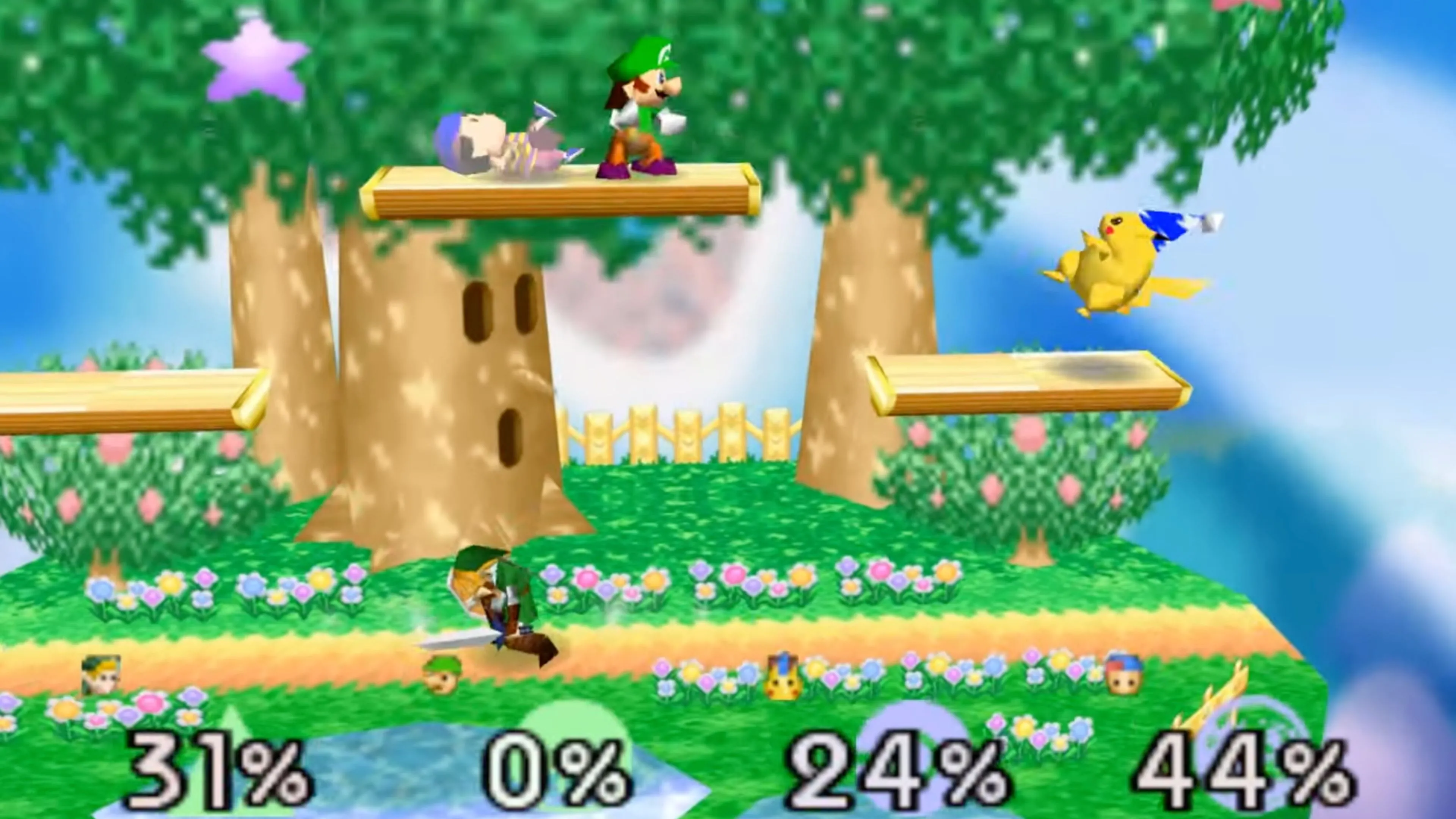 Screenshot Super Smash Bros N64 trận đấu giữa Fox và Pikachu
