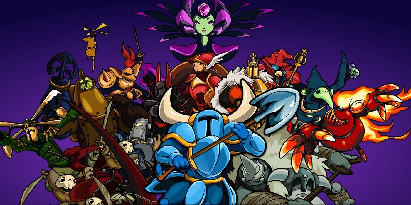 Shovel Knight cùng các hiệp sĩ và kẻ thù trên nền tím