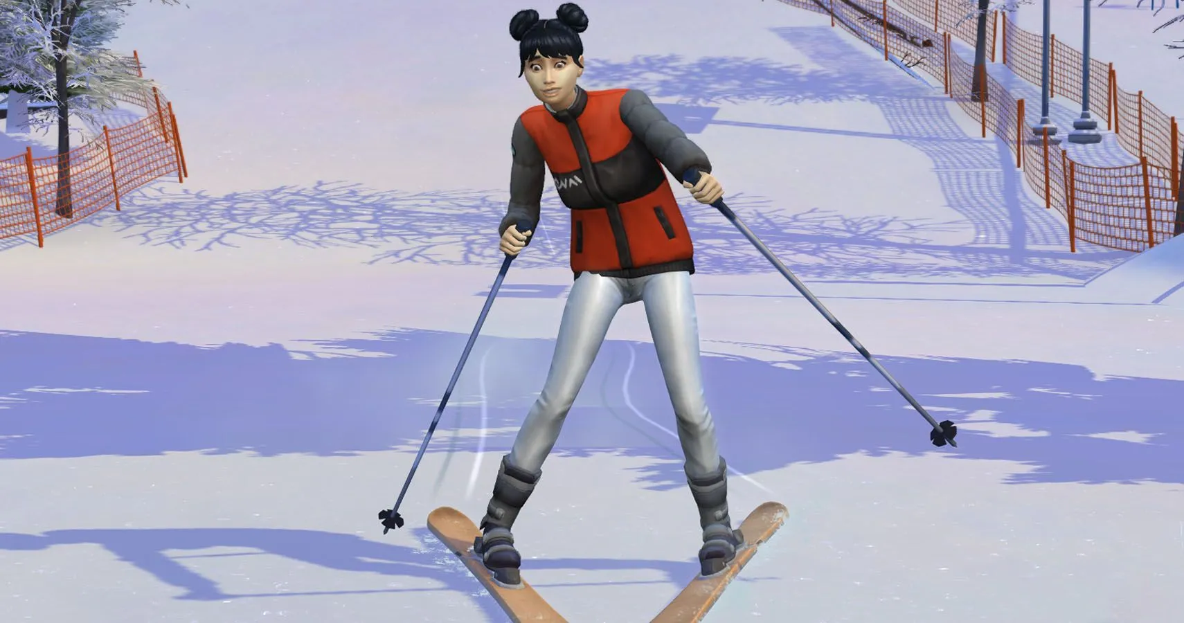 Sim mặc đồ trượt tuyết đang trượt ván trên núi trong The Sims 4 Snowy Escape.